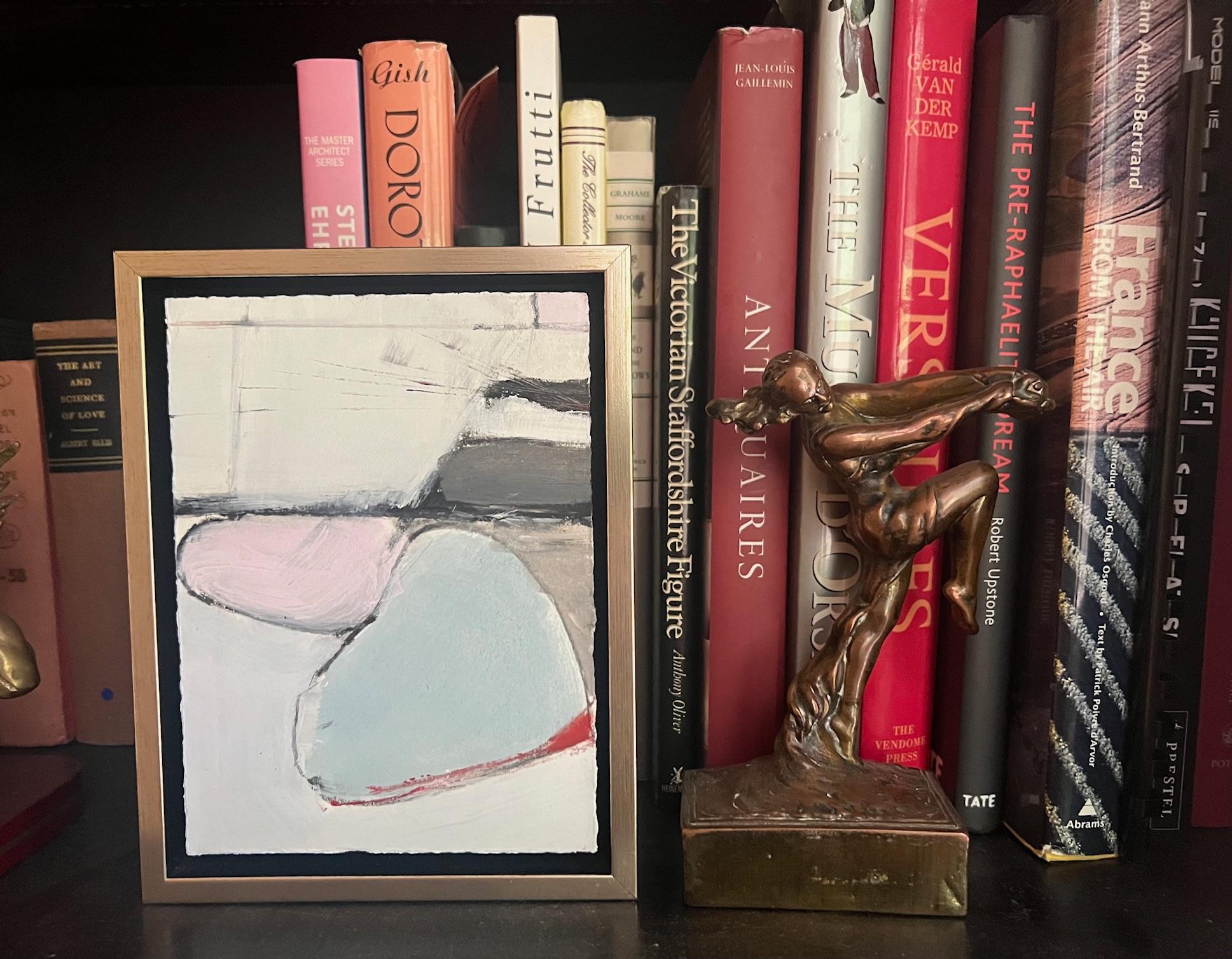Mixed media on paper in float frame by San Francisco Bay Area artist Maria Burtis.  Modern art piece with shades of pink blue, gray, and red, titled 