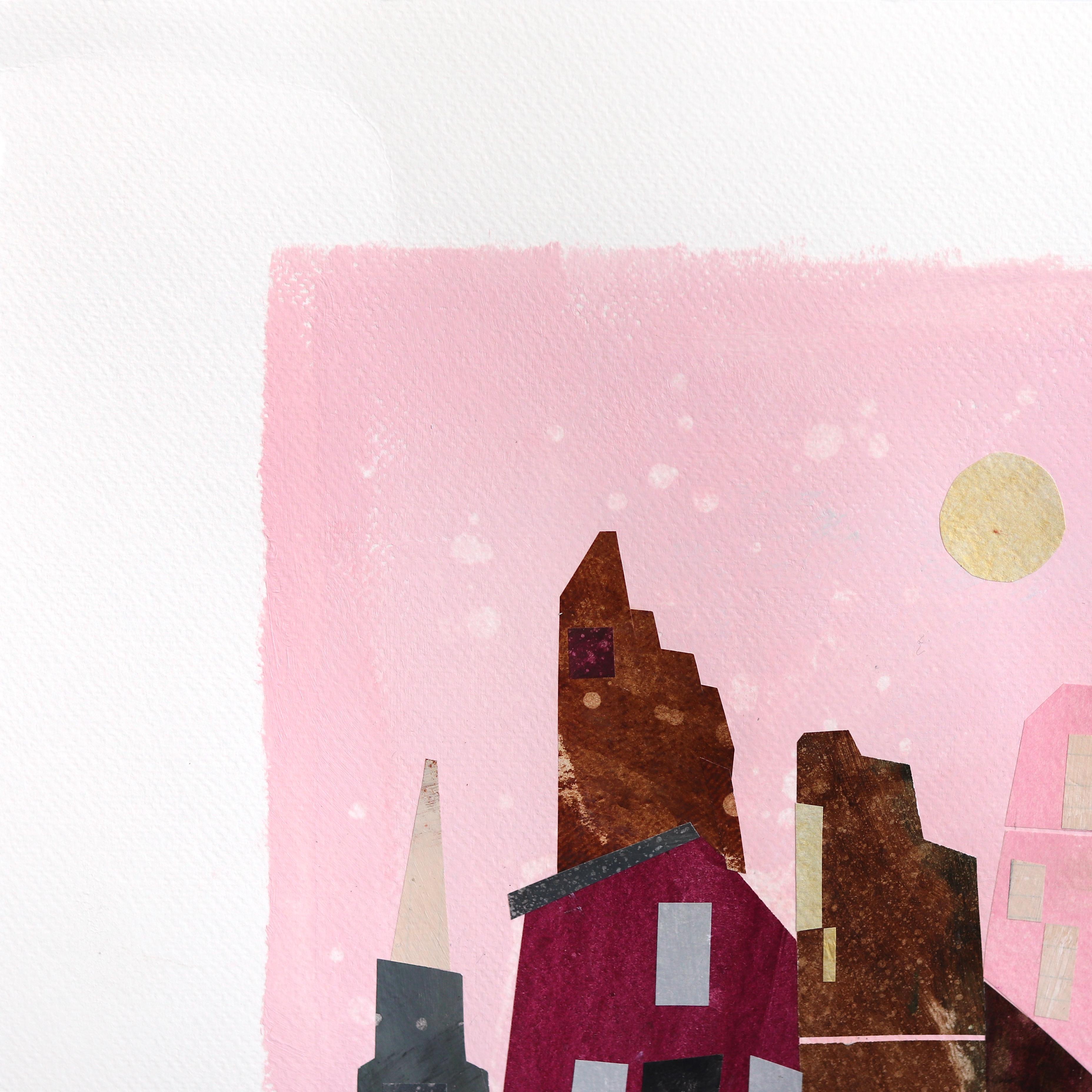 A Pink Sky - Abstract Colorful Urban Collage Mixed Media Artwork on Paper For Sale 1