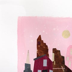 Un ciel rose - Collage urbain abstrait et coloré Œuvre d'art mixte sur papier