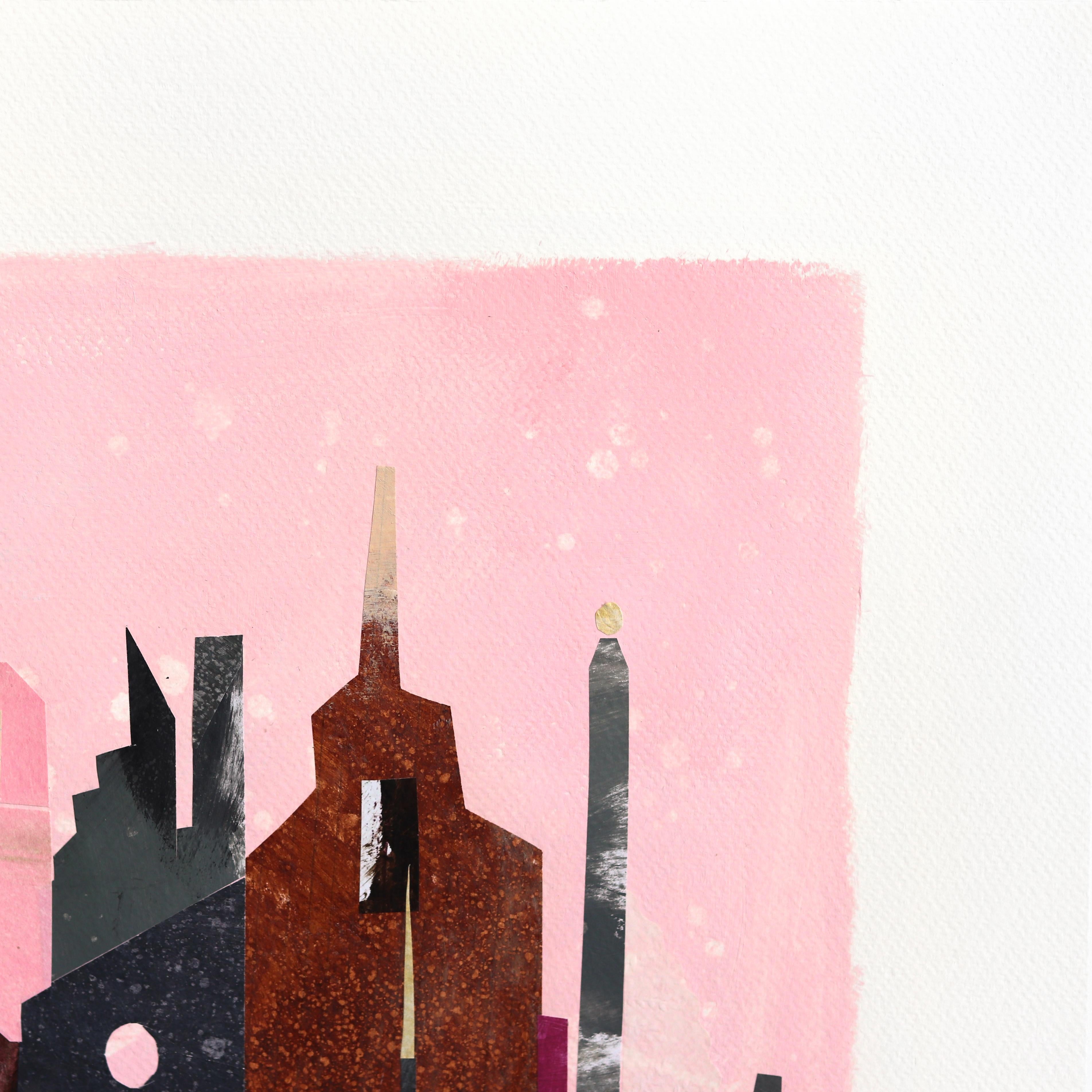 A Pink Sky - Abstract Colorful Urban Collage Mixed Media Artwork on Paper For Sale 2