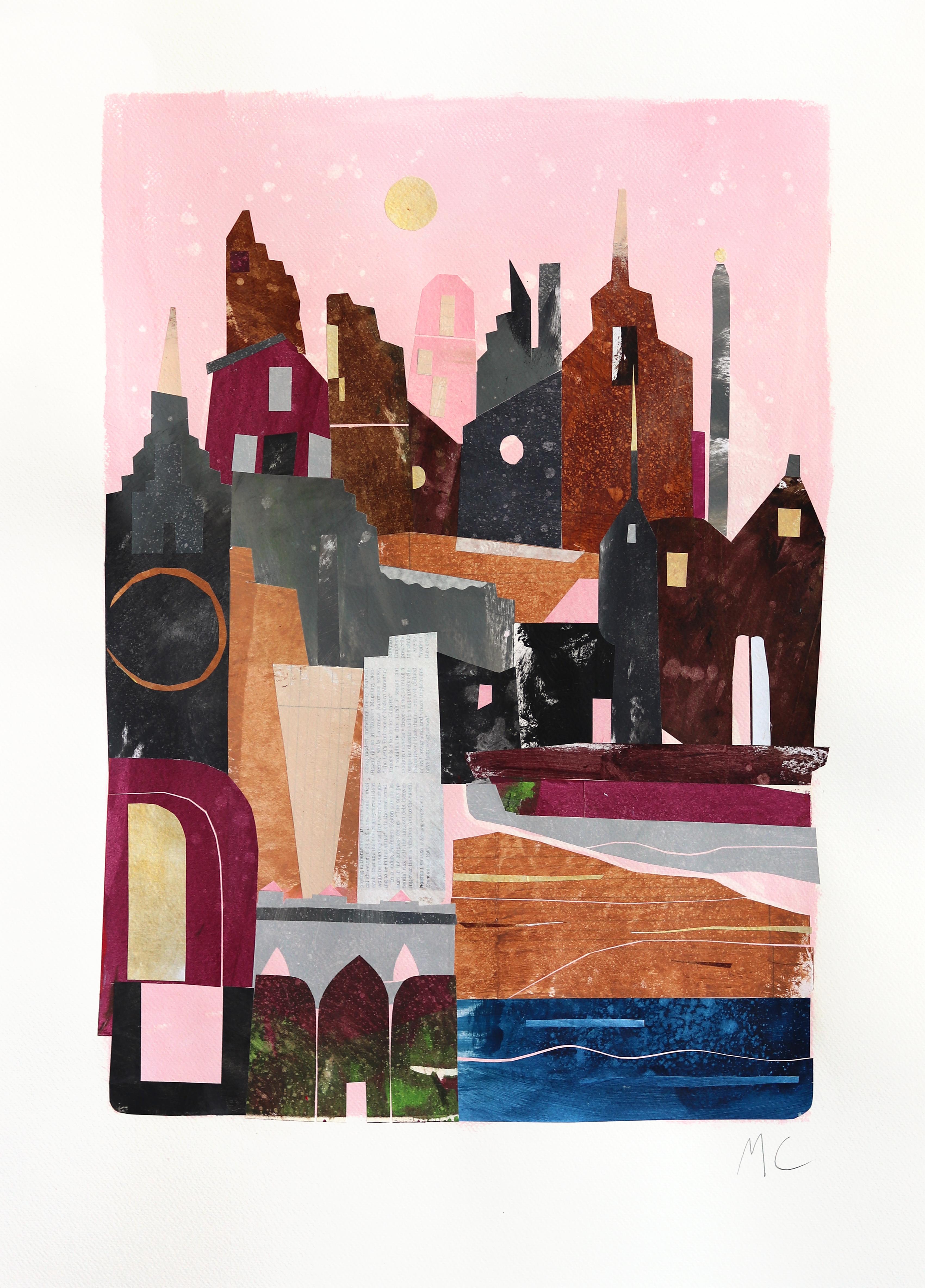 A Pink Sky - Abstract Colorful Urban Collage Mixed Media Artwork on Paper