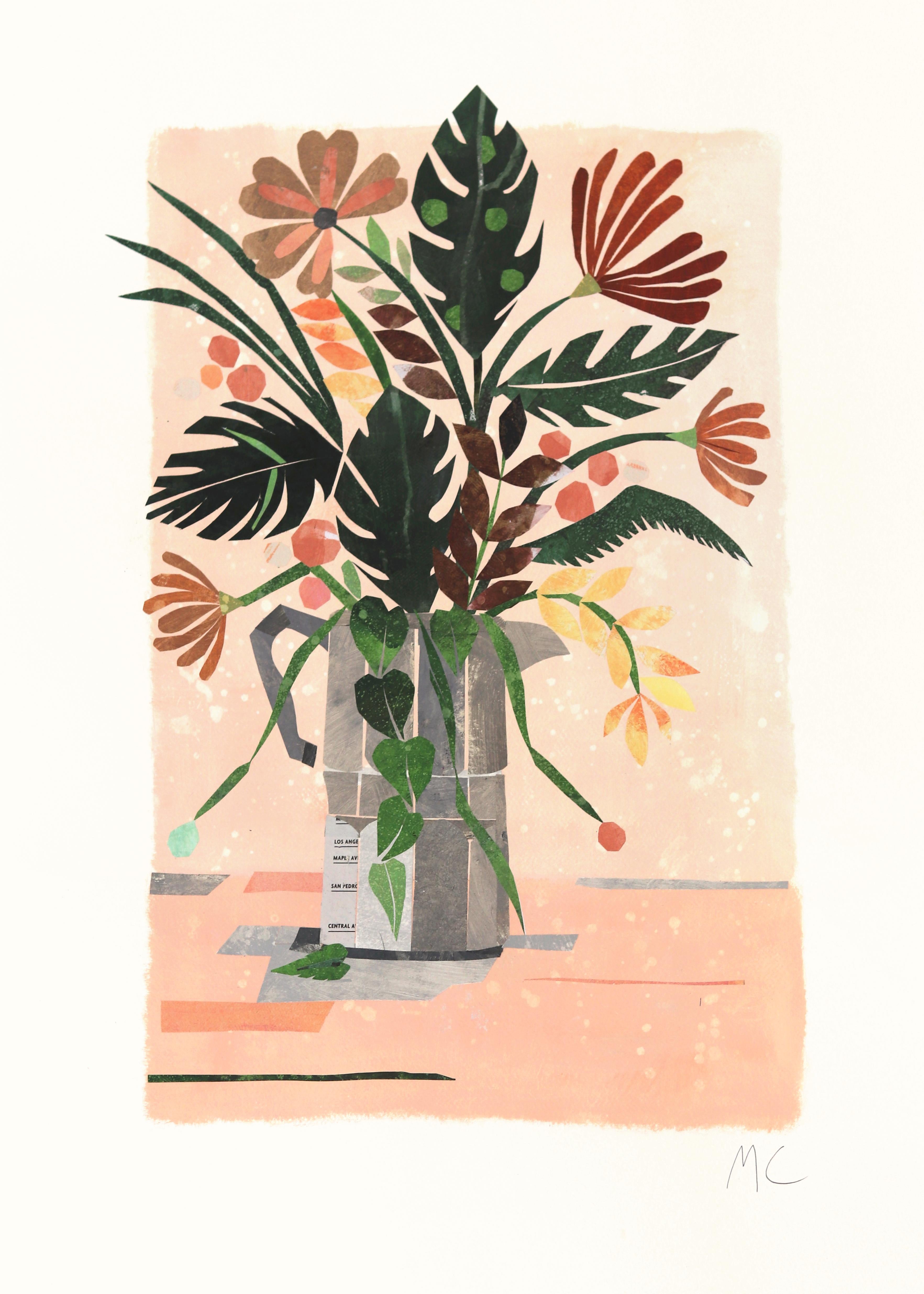 American Espresso - Collage Original Floral Naturaleza Muerta Caprichosa