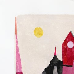 Casas en la playa - Acuarela original Abstracción Paisaje urbano rojo colorido