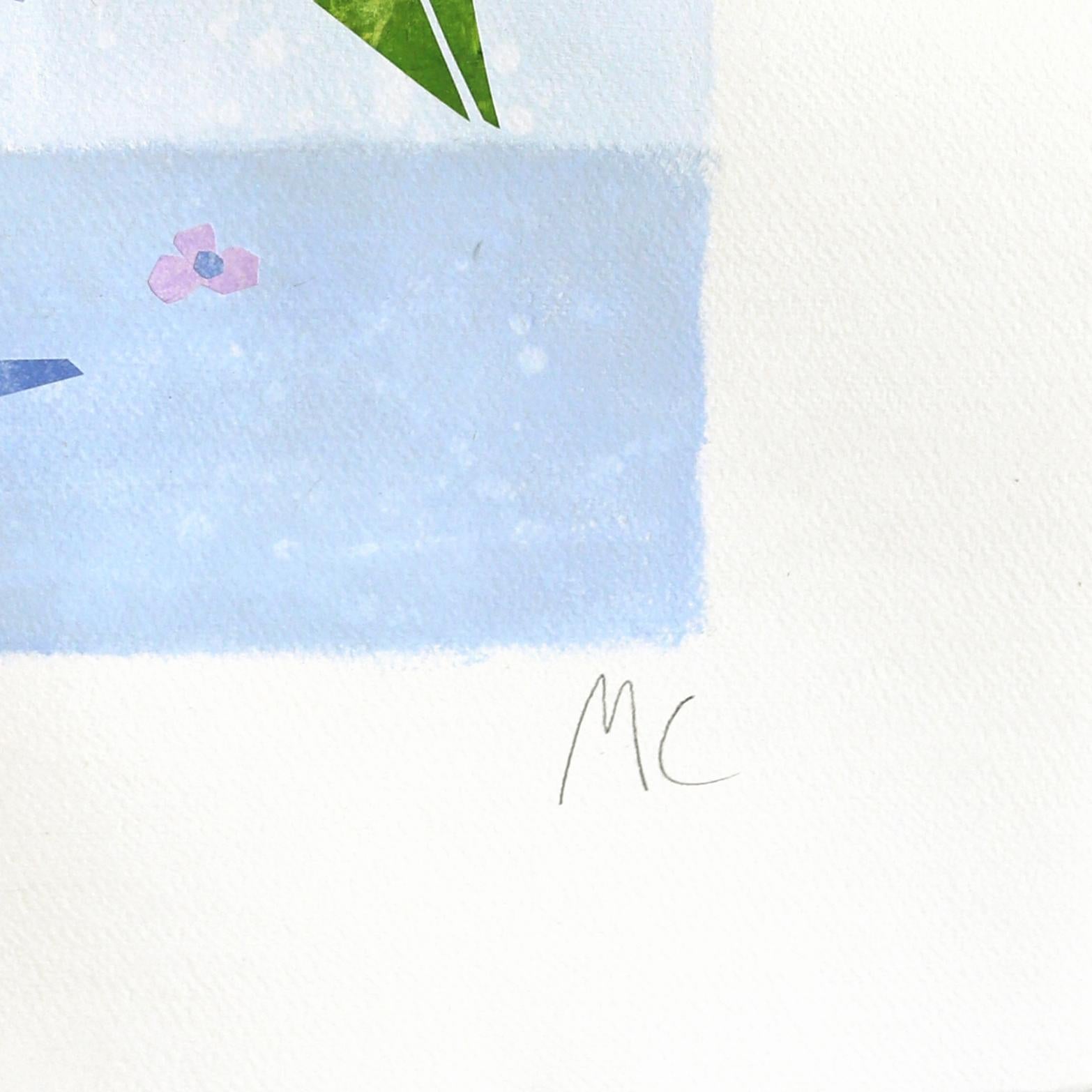 Blaue Blumen aus dem Garten - Stillleben Collage Mixed Media Kunstwerk auf Papier im Angebot 1