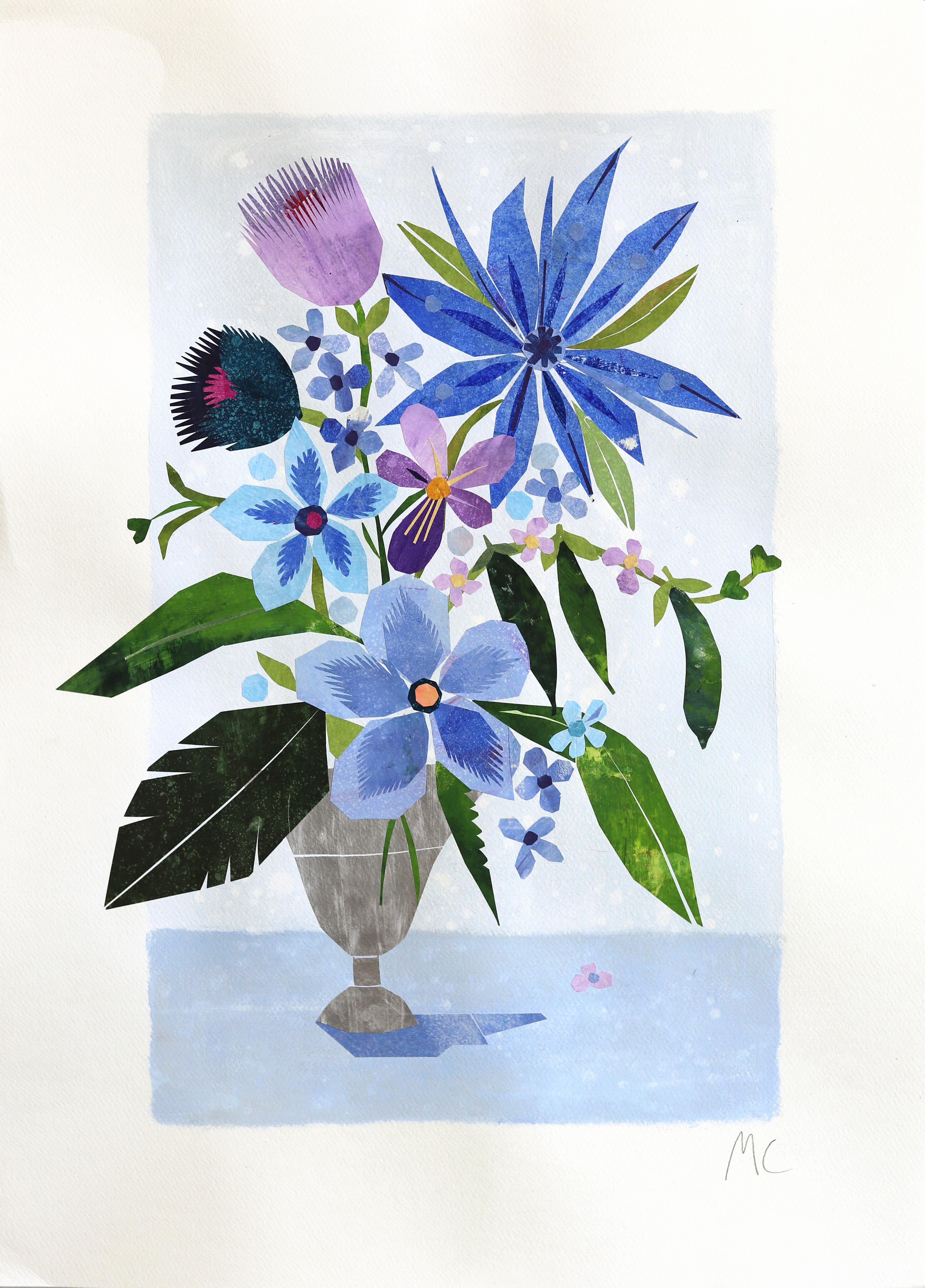 Blue Flowers From The Garden - Still Life Collage Mixed Media Artwork on Paper