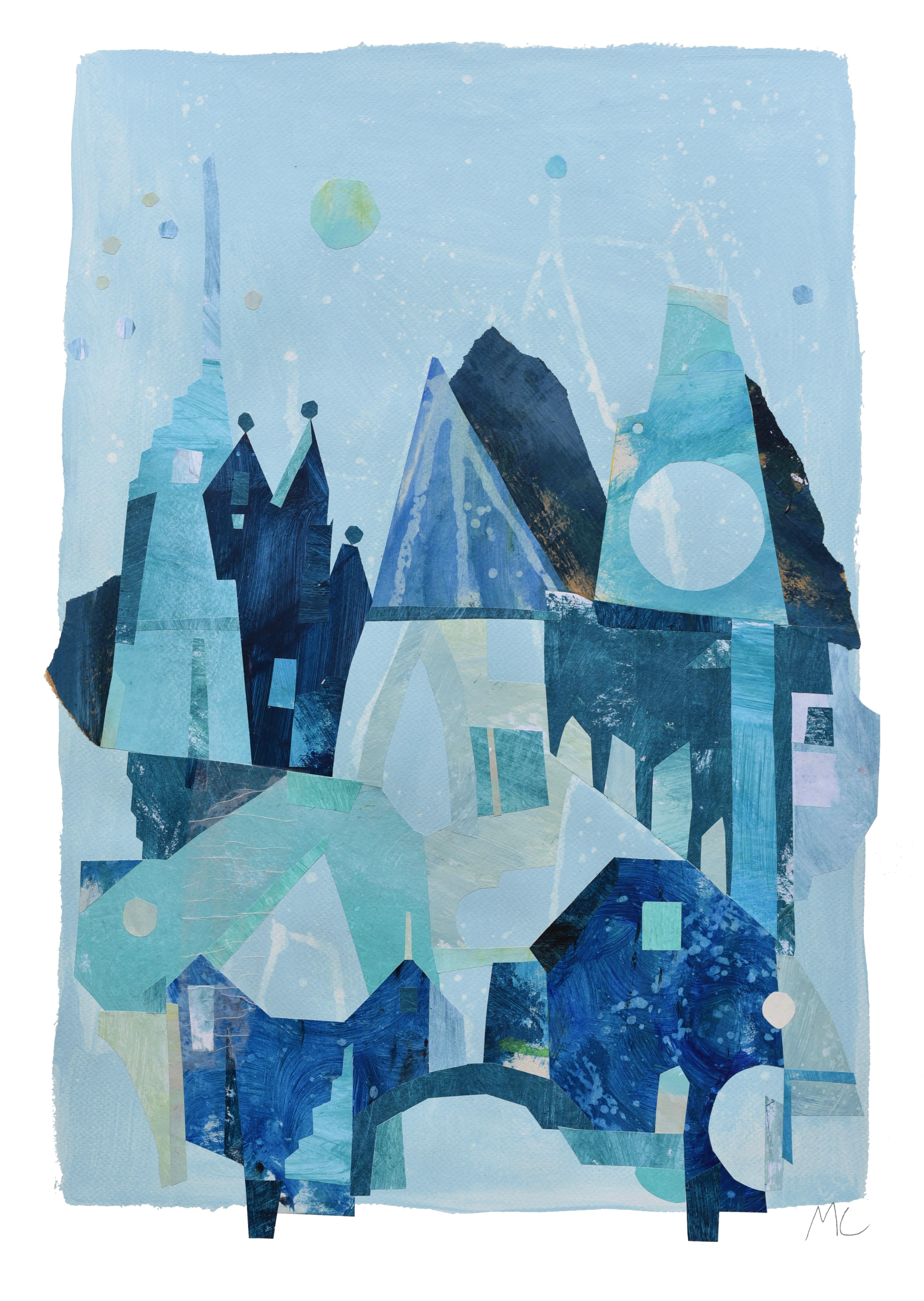 Blue Heaven - Architectural Still Life Cool Tone Mixed Media Collage on Paper