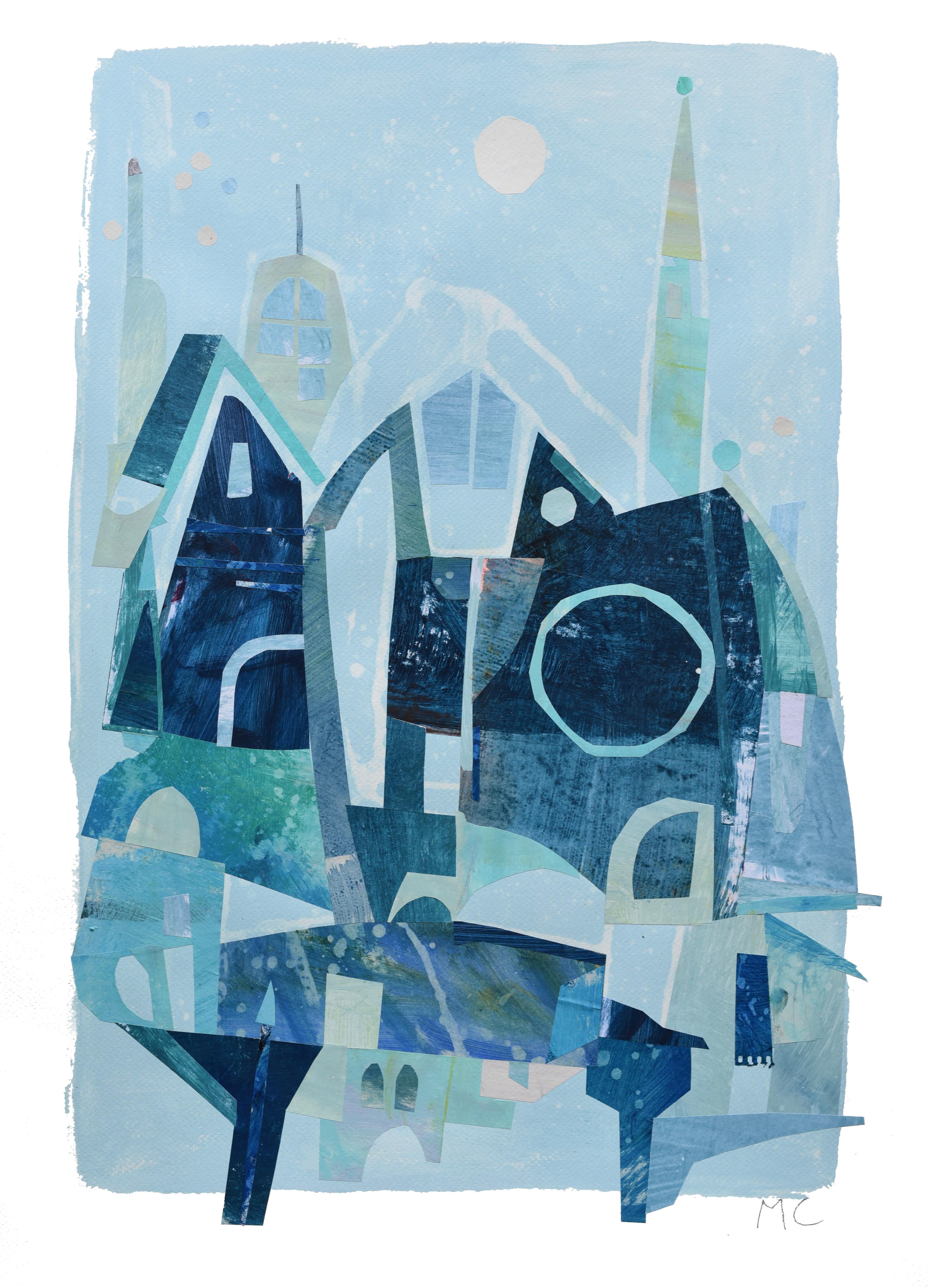 Blue Sky - Architectural Still Life Cool Tone Mixed Media Collage on Paper
