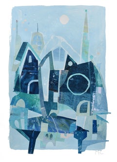 Blue Sky - Architectural Still Life Cool Tone Mixed Media Collage on Paper
