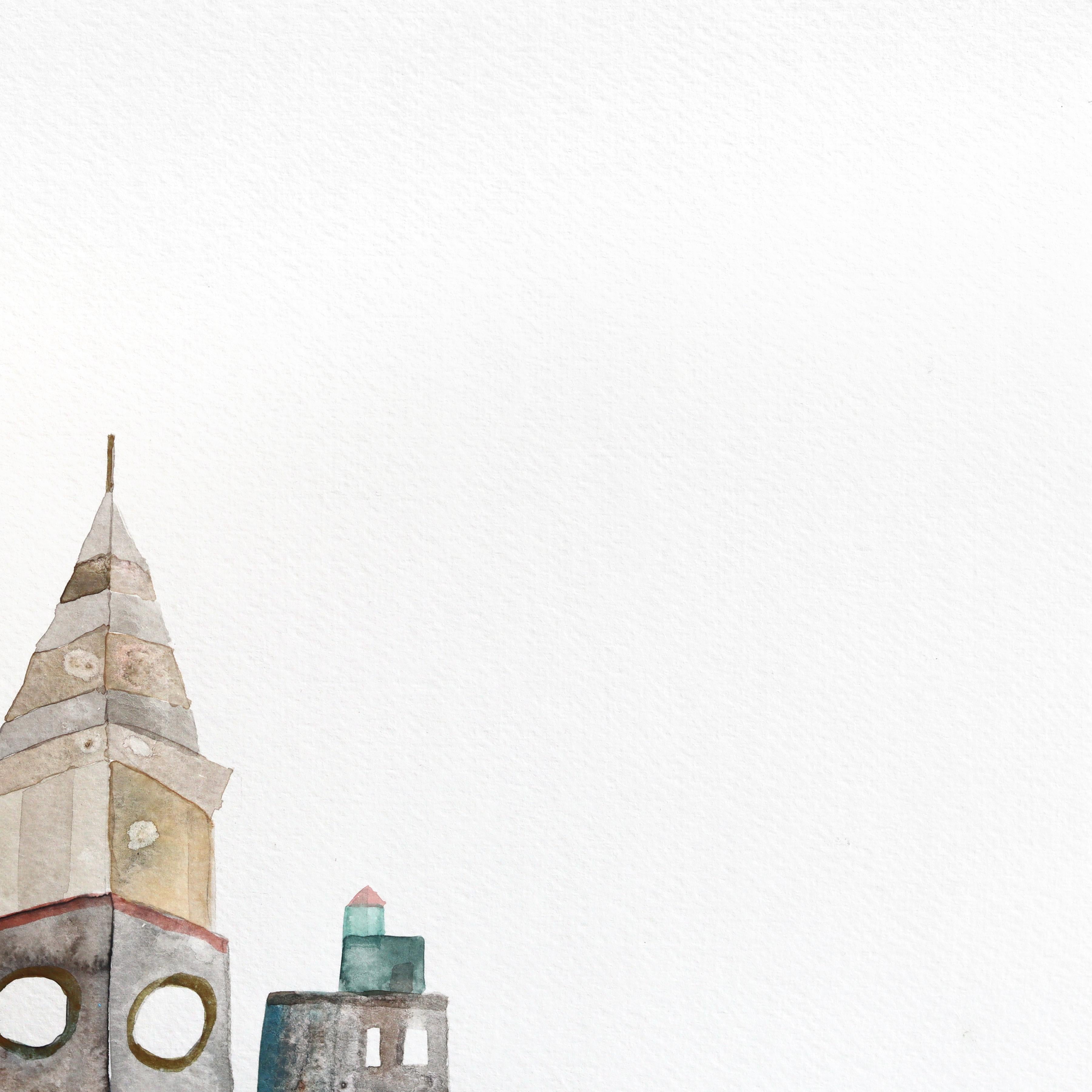 Boston - Abstract Color Drenched Urban Cityscape Watercolor Painting on Paper For Sale 1