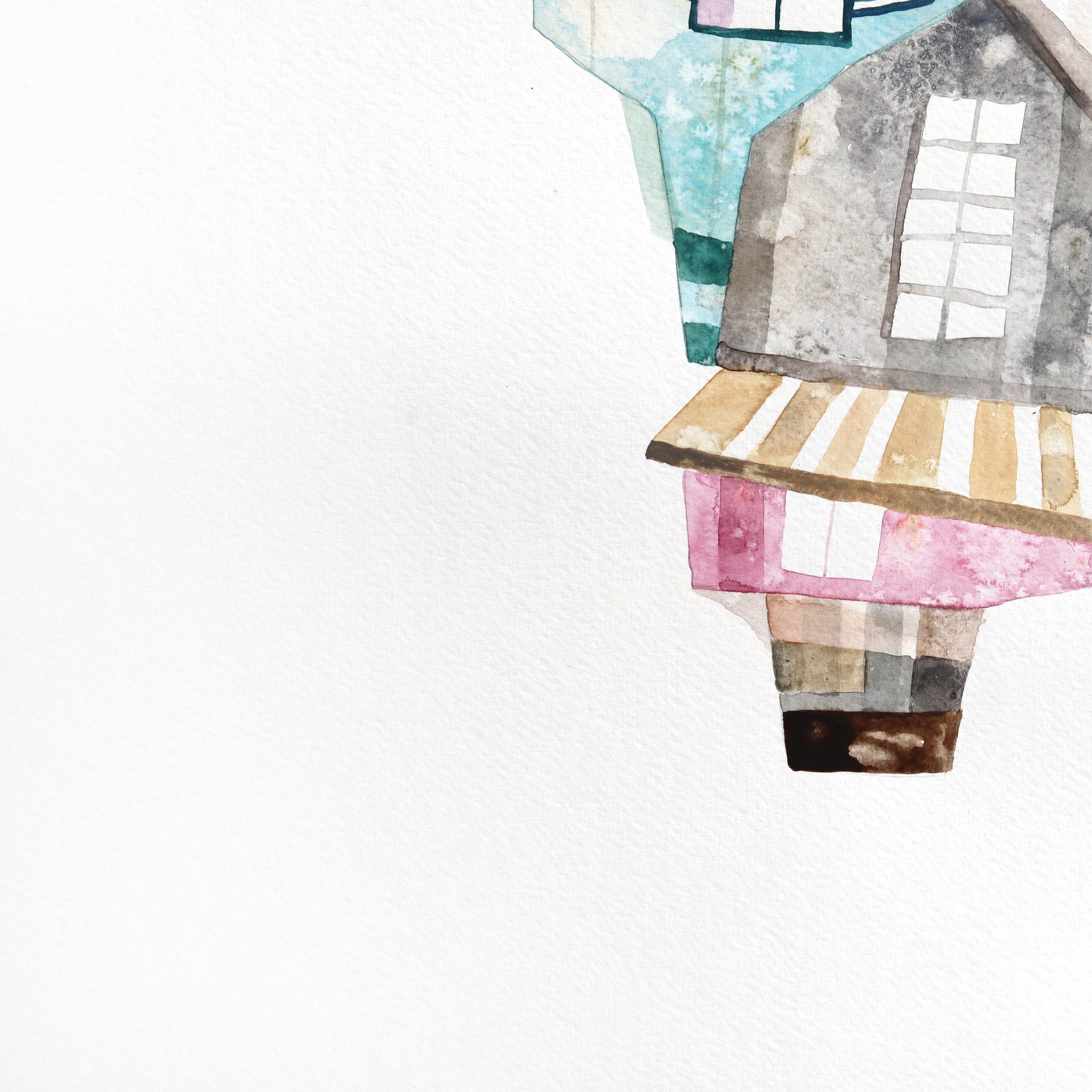 Boston - Abstract Color Drenched Urban Cityscape Watercolor Painting on Paper For Sale 2