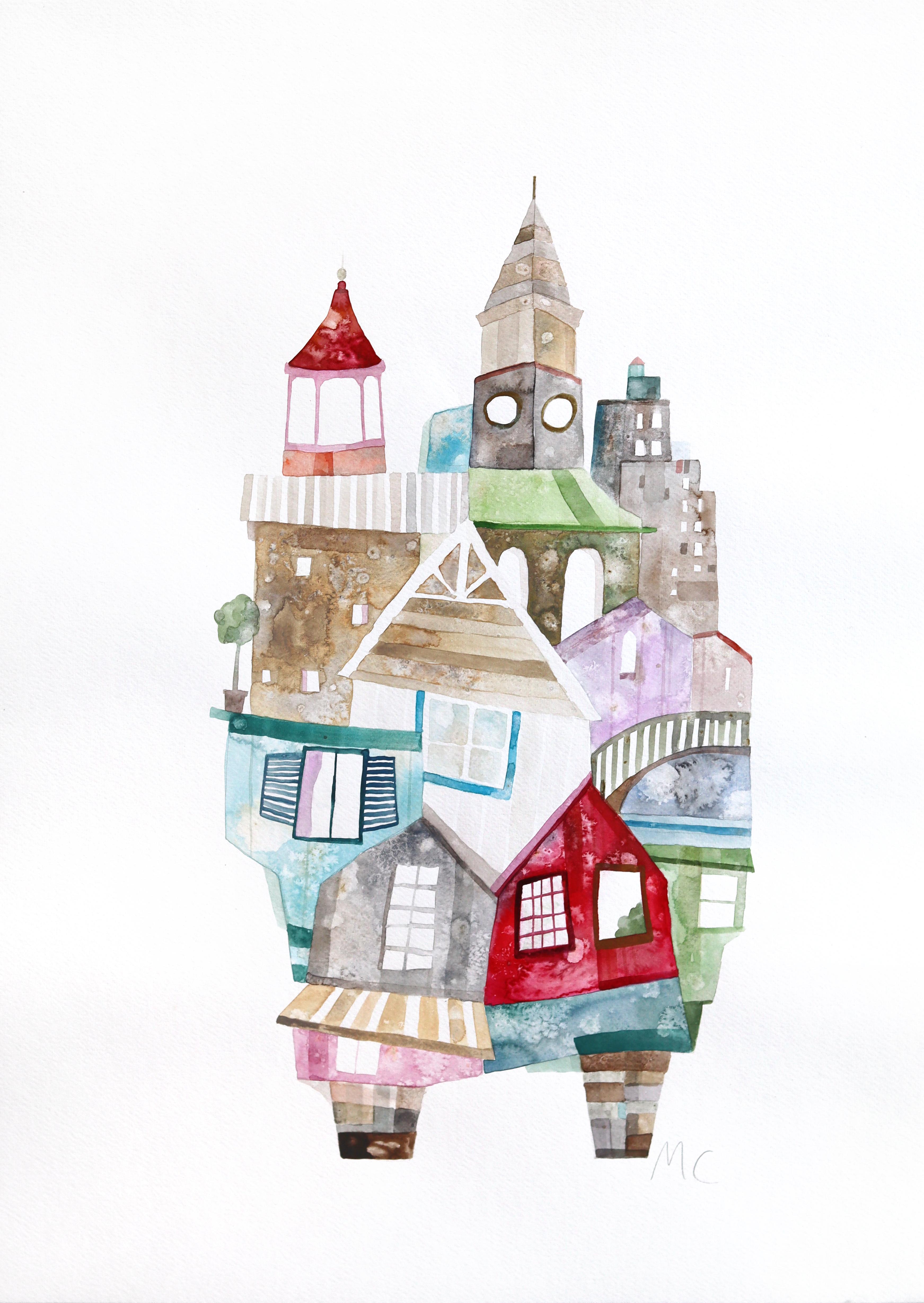 Boston - Abstract Color Drenched Urban Cityscape Watercolor Painting on Paper - Mixed Media Art by Maria C. Bernhardsson