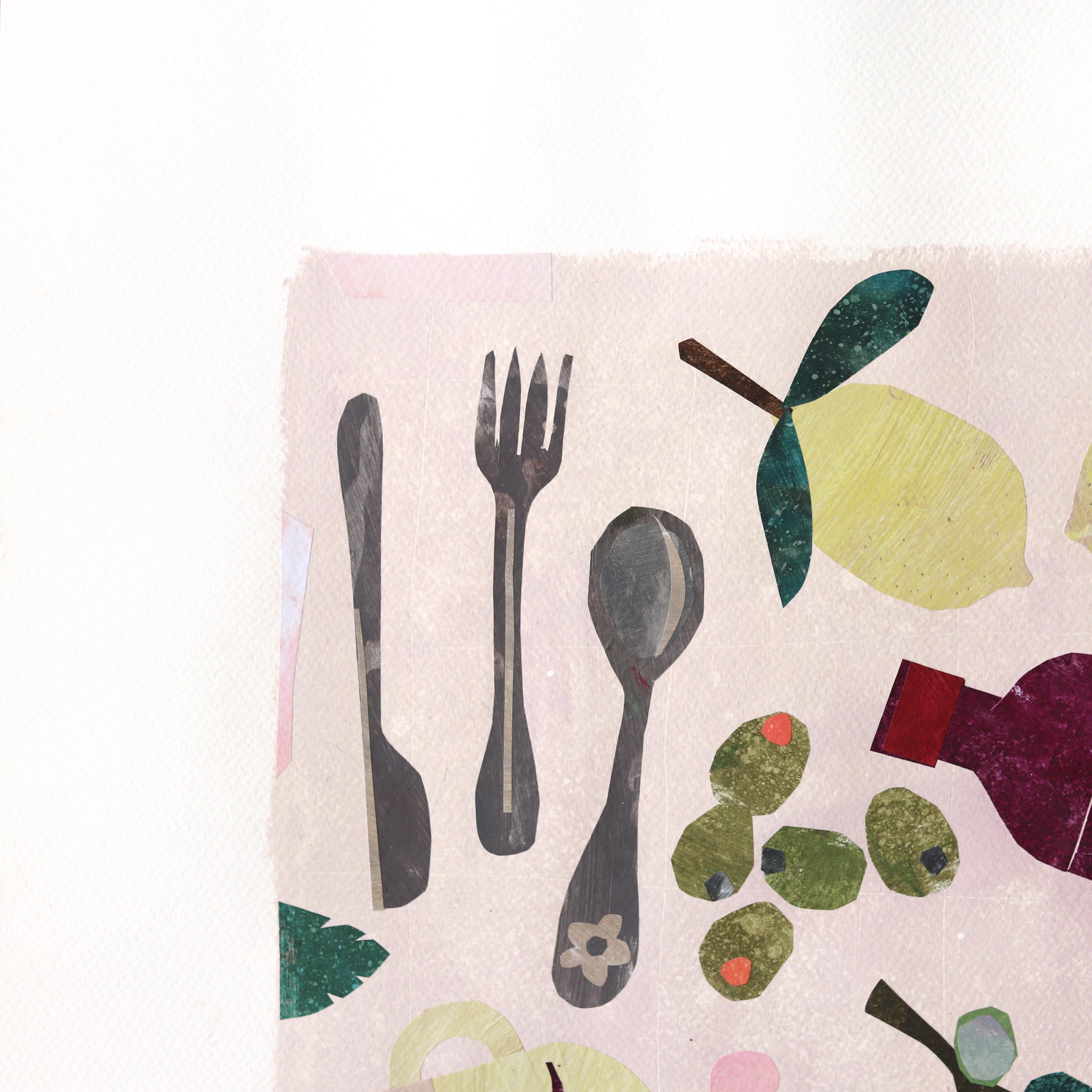 Cherry and Beetroot - Original Playful Food Still Life Collage Artwork on Paper - Beige Still-Life by Maria C. Bernhardsson