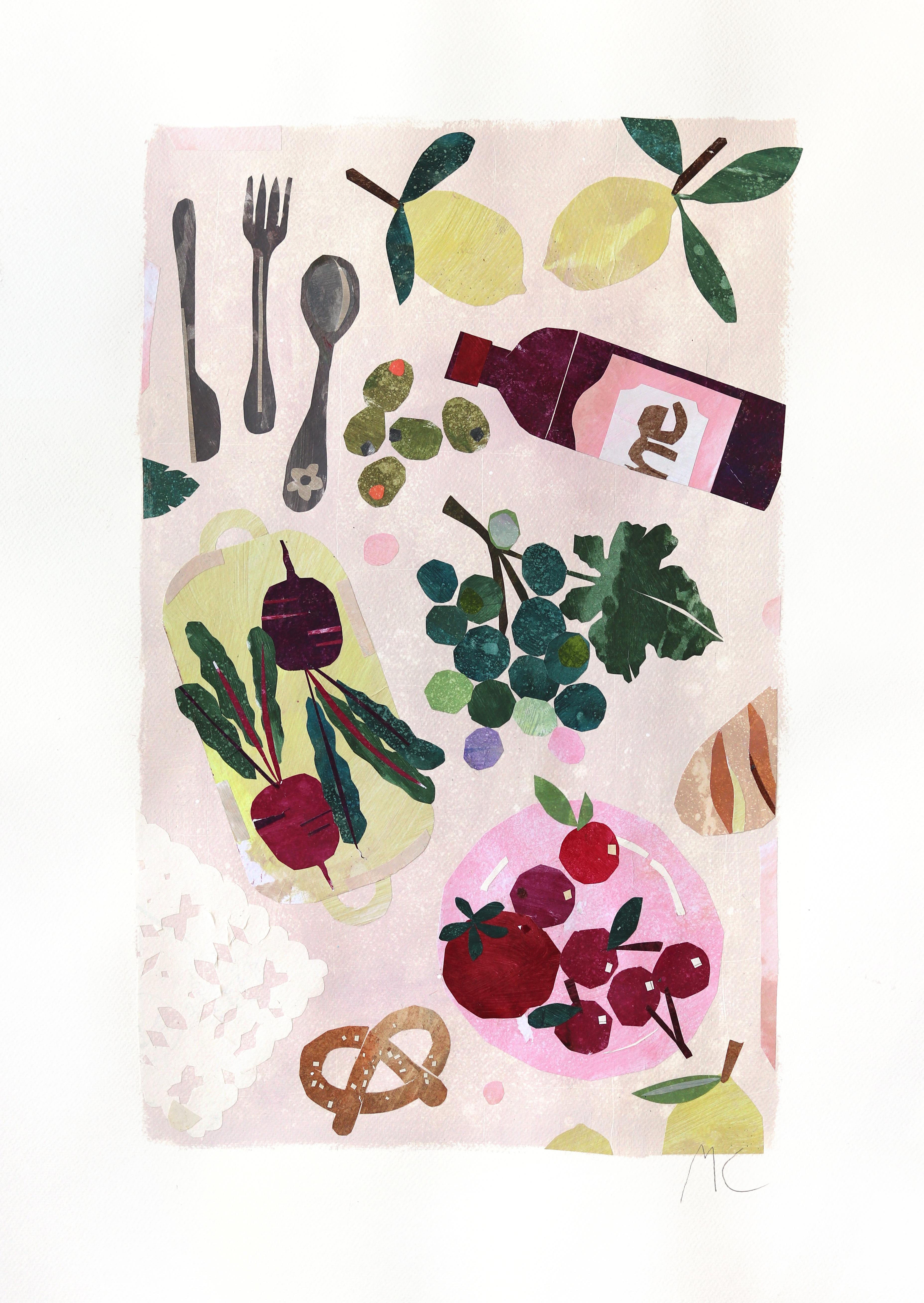 Ciliegia e barbabietola - Collage originale di nature morte alimentari su carta