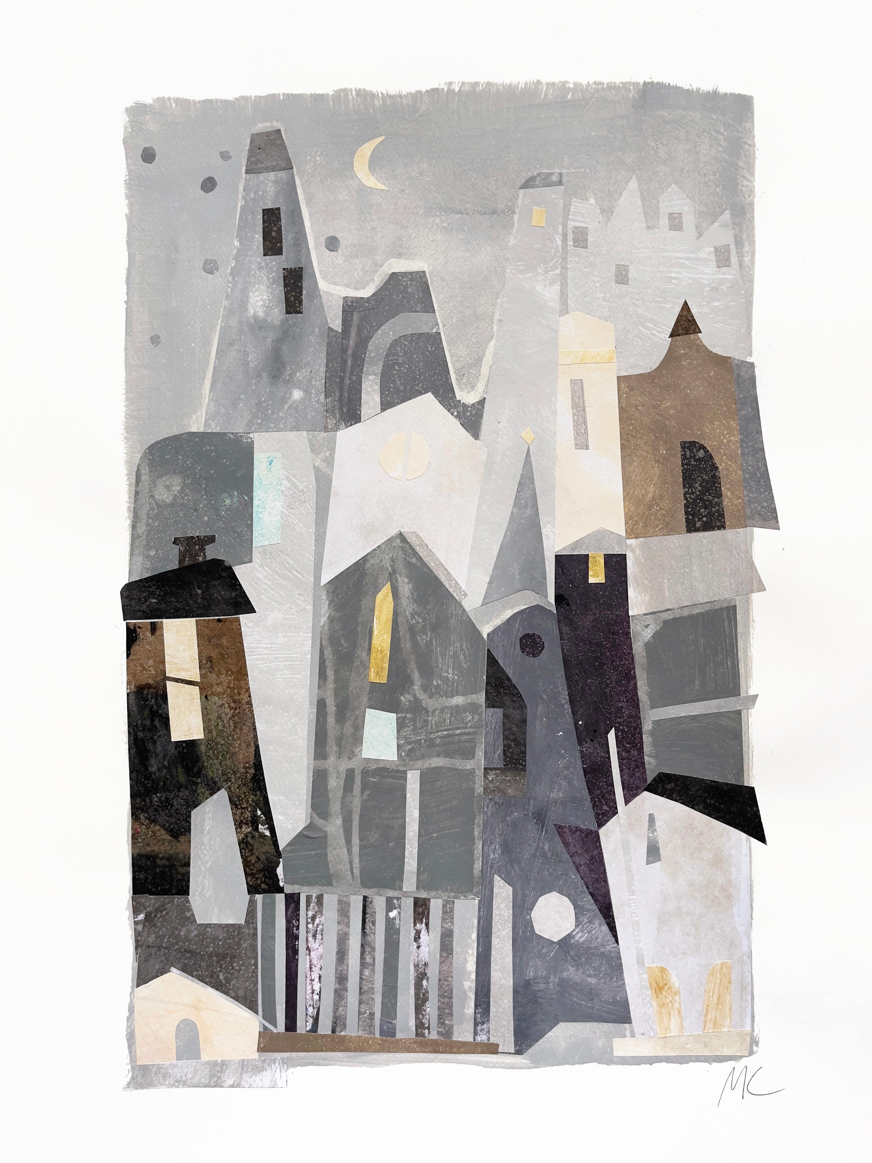 City Night - Architectural Still Life Gray Tone Mixed Media Collage on Paper - Mixed Media Art by Maria C. Bernhardsson