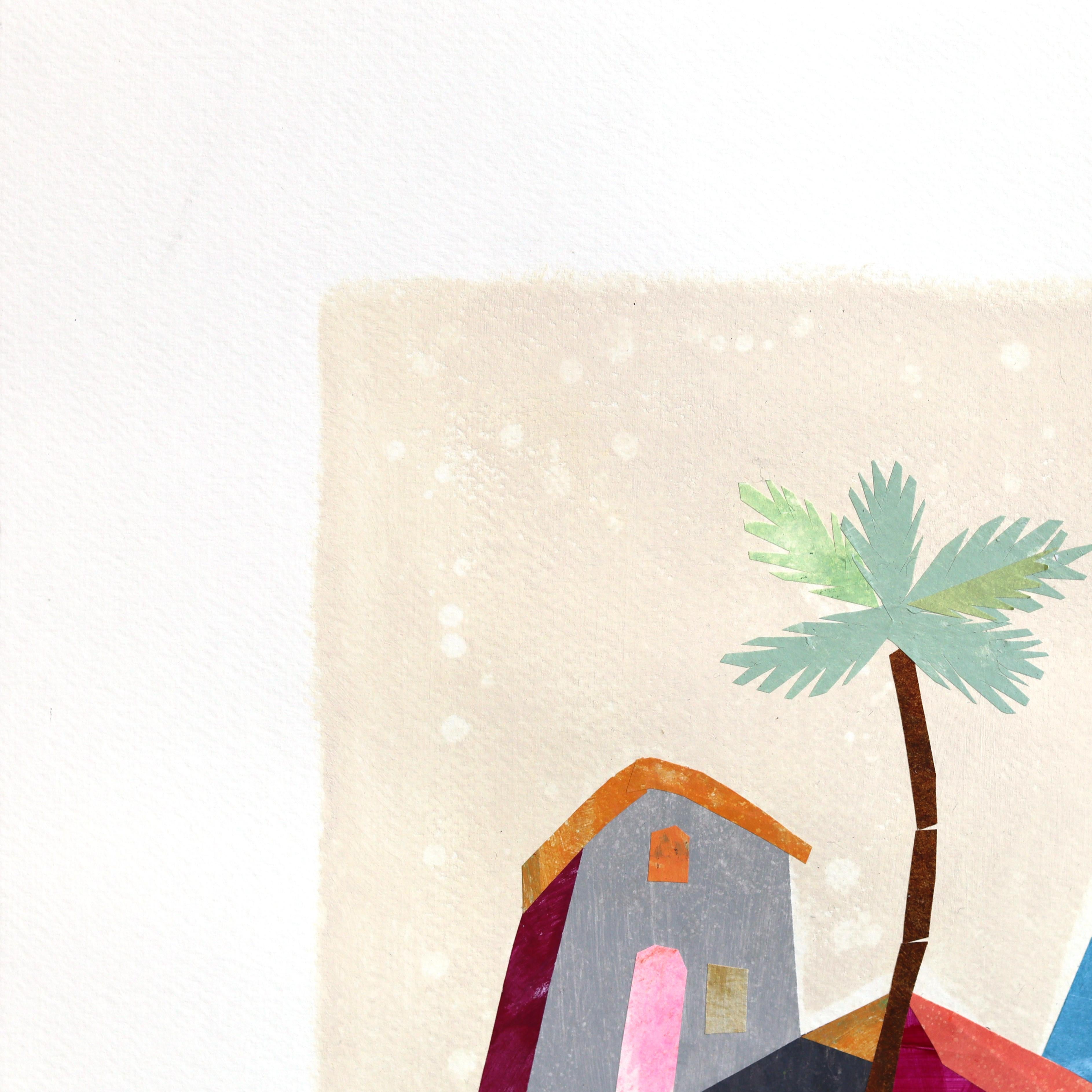 City of Palms - Abstract Urban Color Drenched Collage Mixed Media Art on Paper - Gray Landscape Painting by Maria C. Bernhardsson