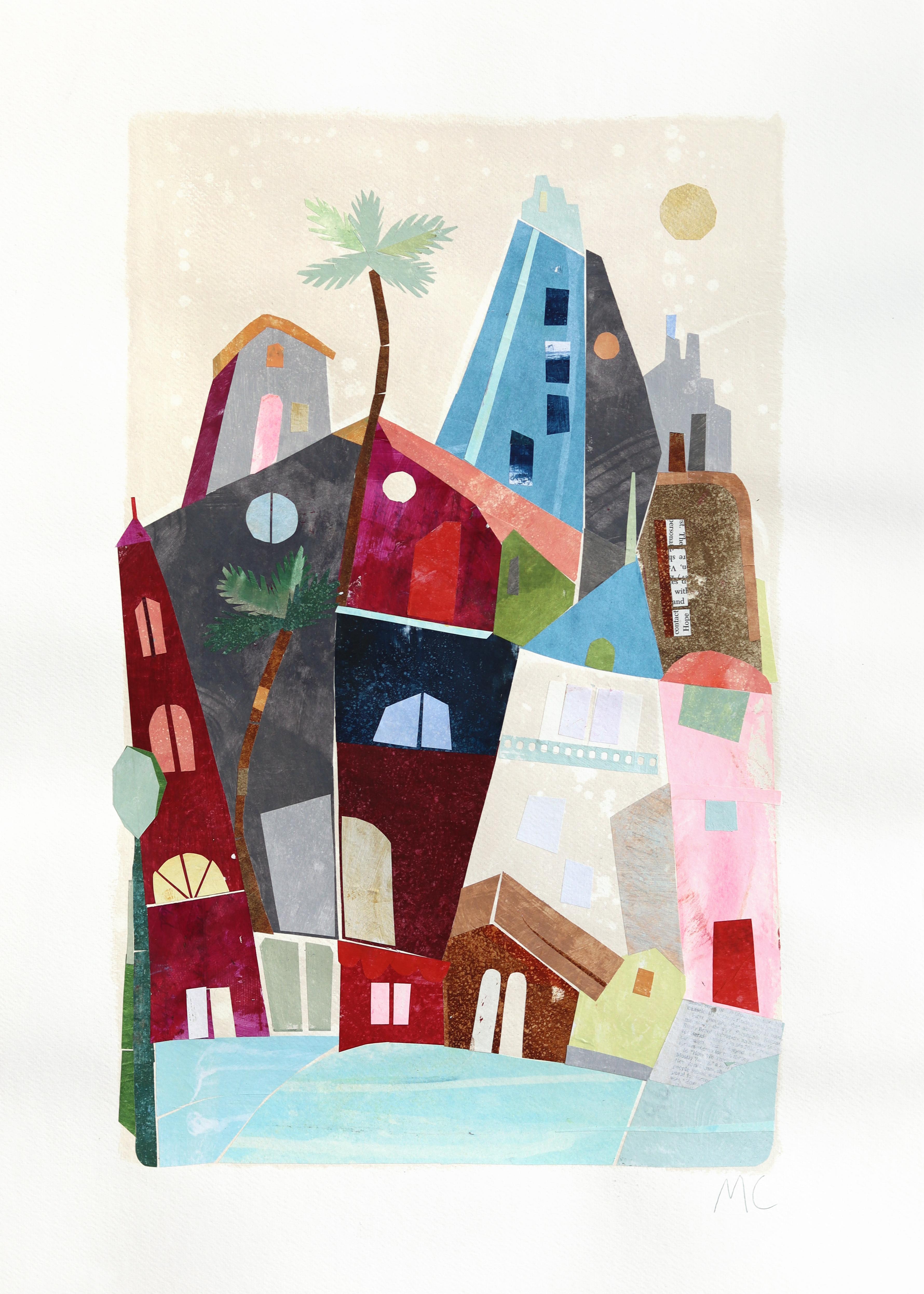 City of Palms - Abstract Urban Color Drenched Collage Mixed Media Art on Paper
