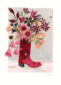 Bonjour ! (Étoiles roses) - Collage original Nature morte florale rouge fantaisiste Artwork