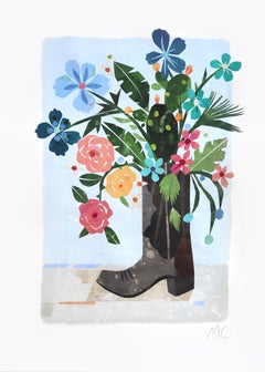 Guten Tag! (Rosen) - Original blaue, geblümte Arrangement in Stiefel-Stillleben-Kunstwerk