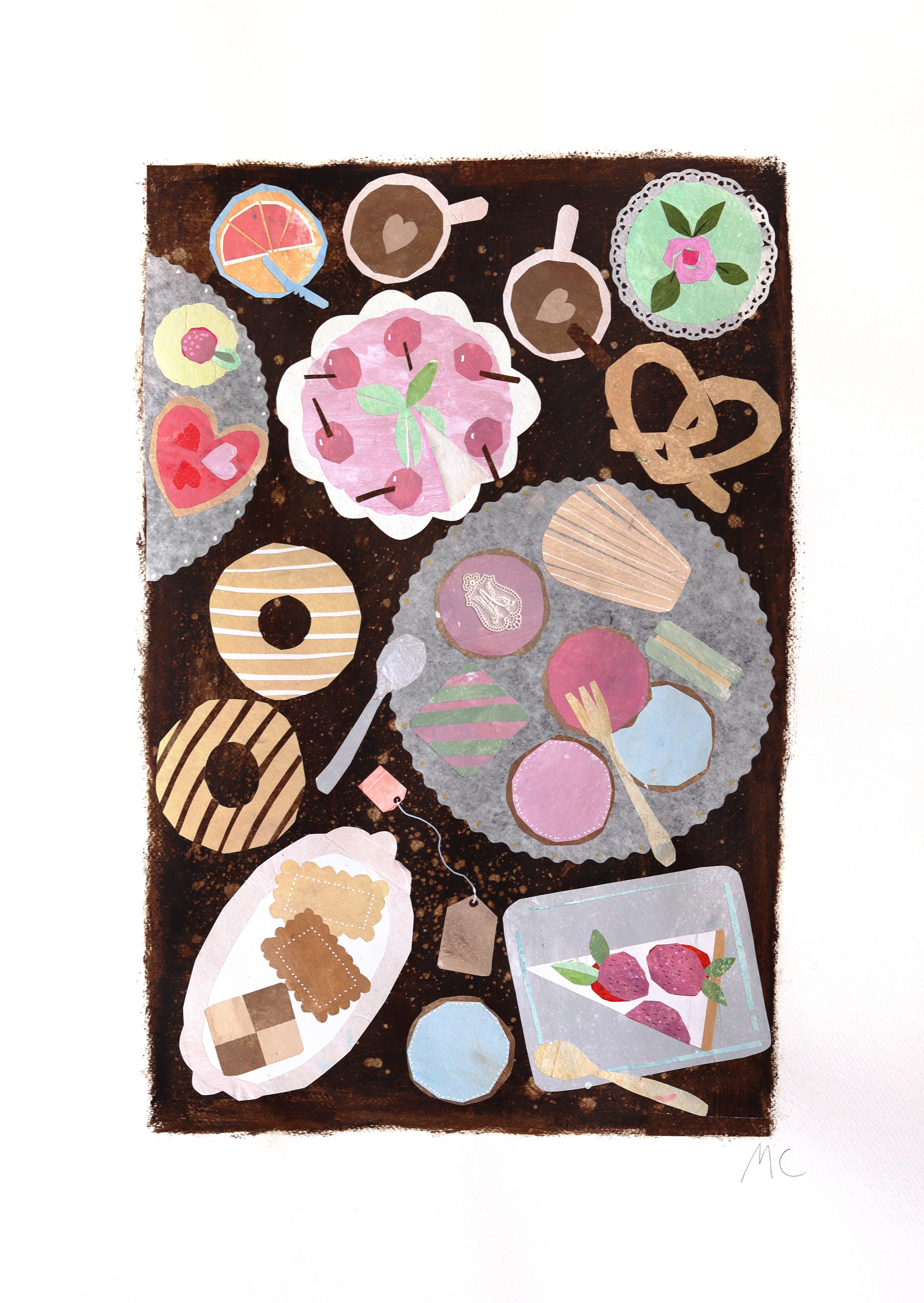 C'est l'heure du dessert - Collage de nature morte alimentaire en techniques mixtes aux tons pastel