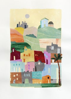 Quartier de Los Angeles - Collage urbain abstrait et coloré Œuvre d'art mixte sur papier