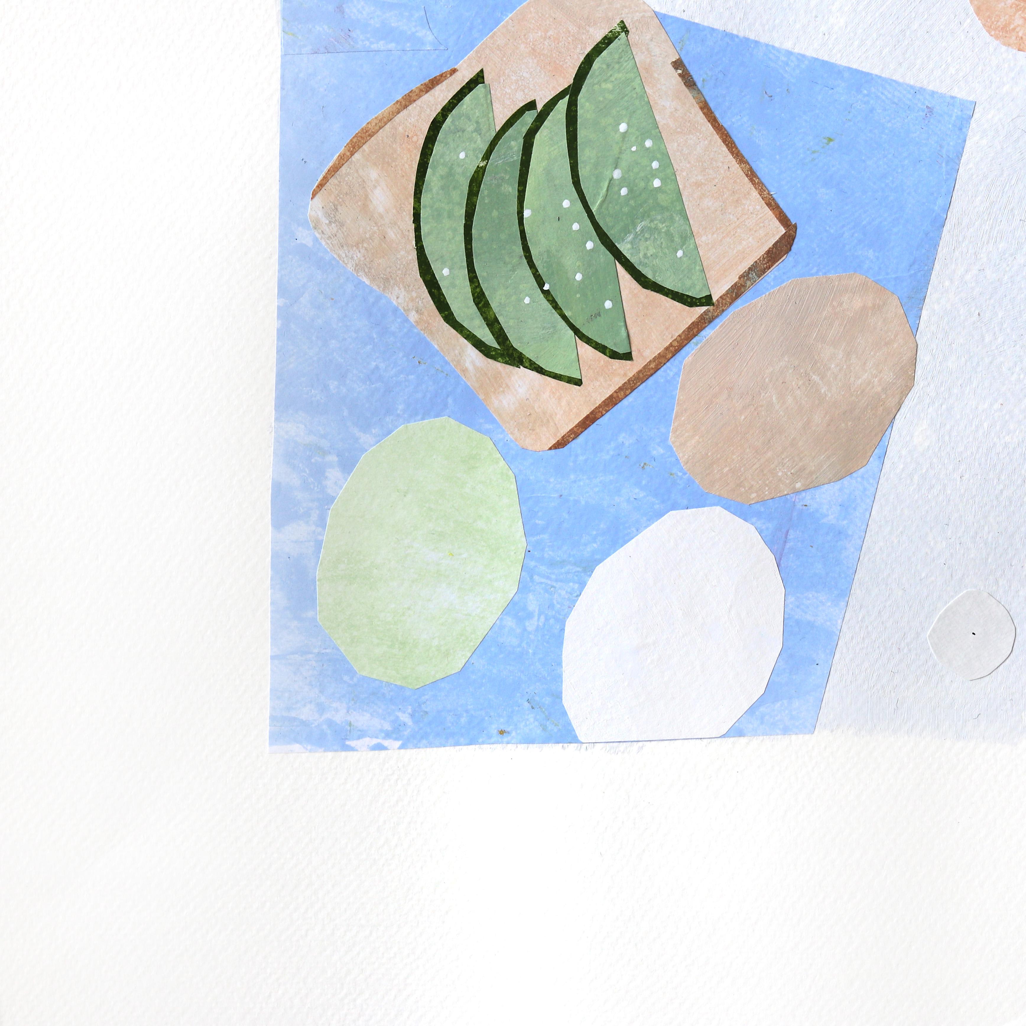Lazy Sunday Morning - Original Abstract Food Still Life Collage Artwork on Paper - Surrealist Mixed Media Art by Maria C. Bernhardsson