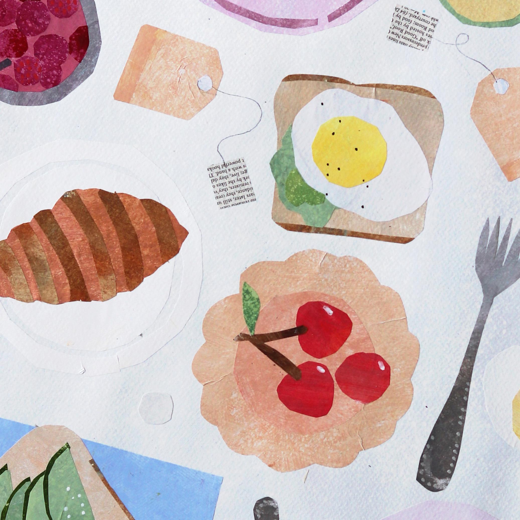 Lazy Sunday Morning - Original Abstract Food Still Life Collage Artwork on Paper For Sale 2