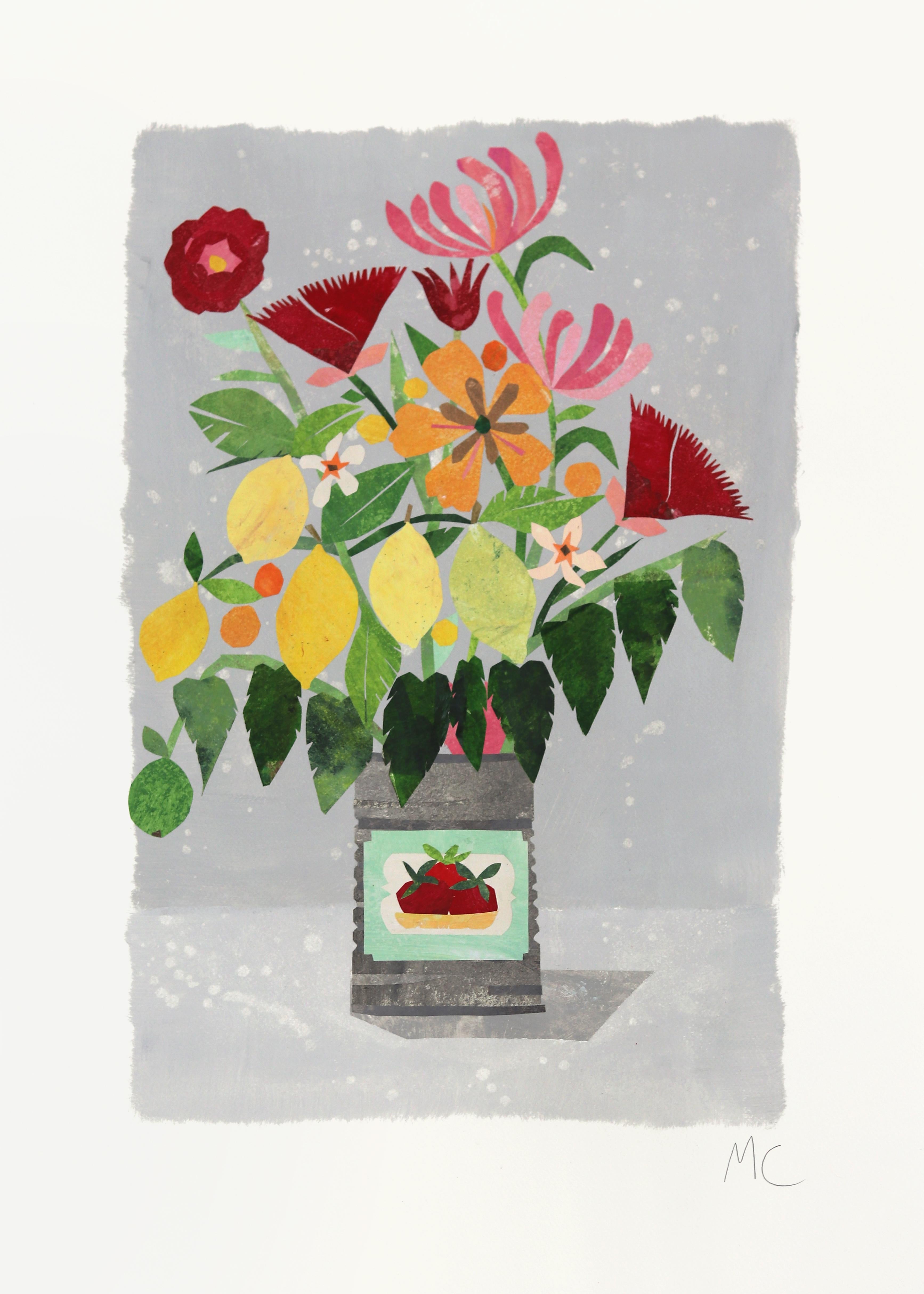 Zitronenblumen – Original geblümtes, skurriles Stillleben-Kunstwerk