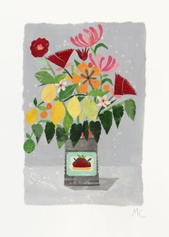 Zitronenblumen – Original geblümtes, skurriles Stillleben-Kunstwerk