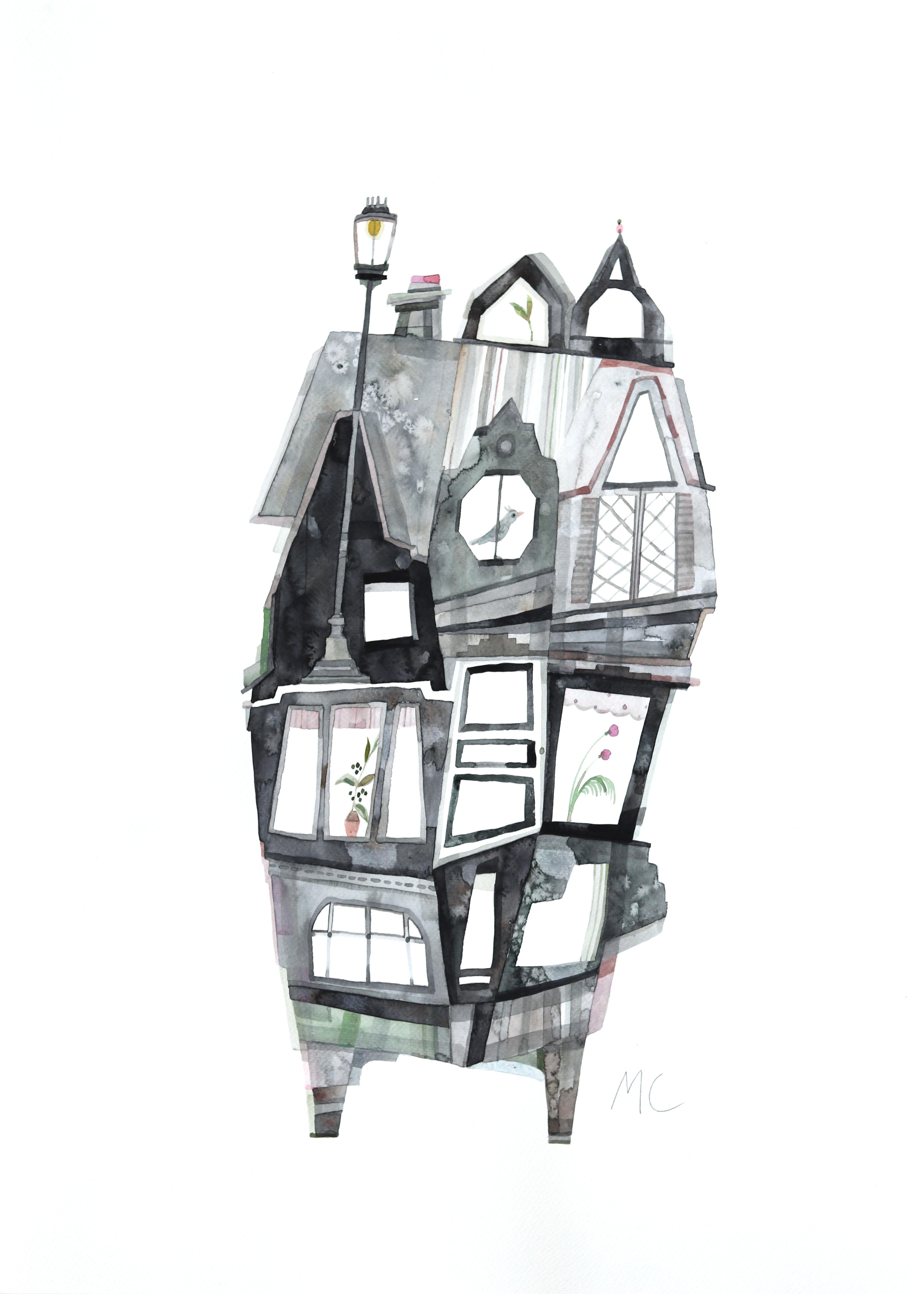 Melrose Animal House - Abstract Architectural Monochromatic Watercolor Painting