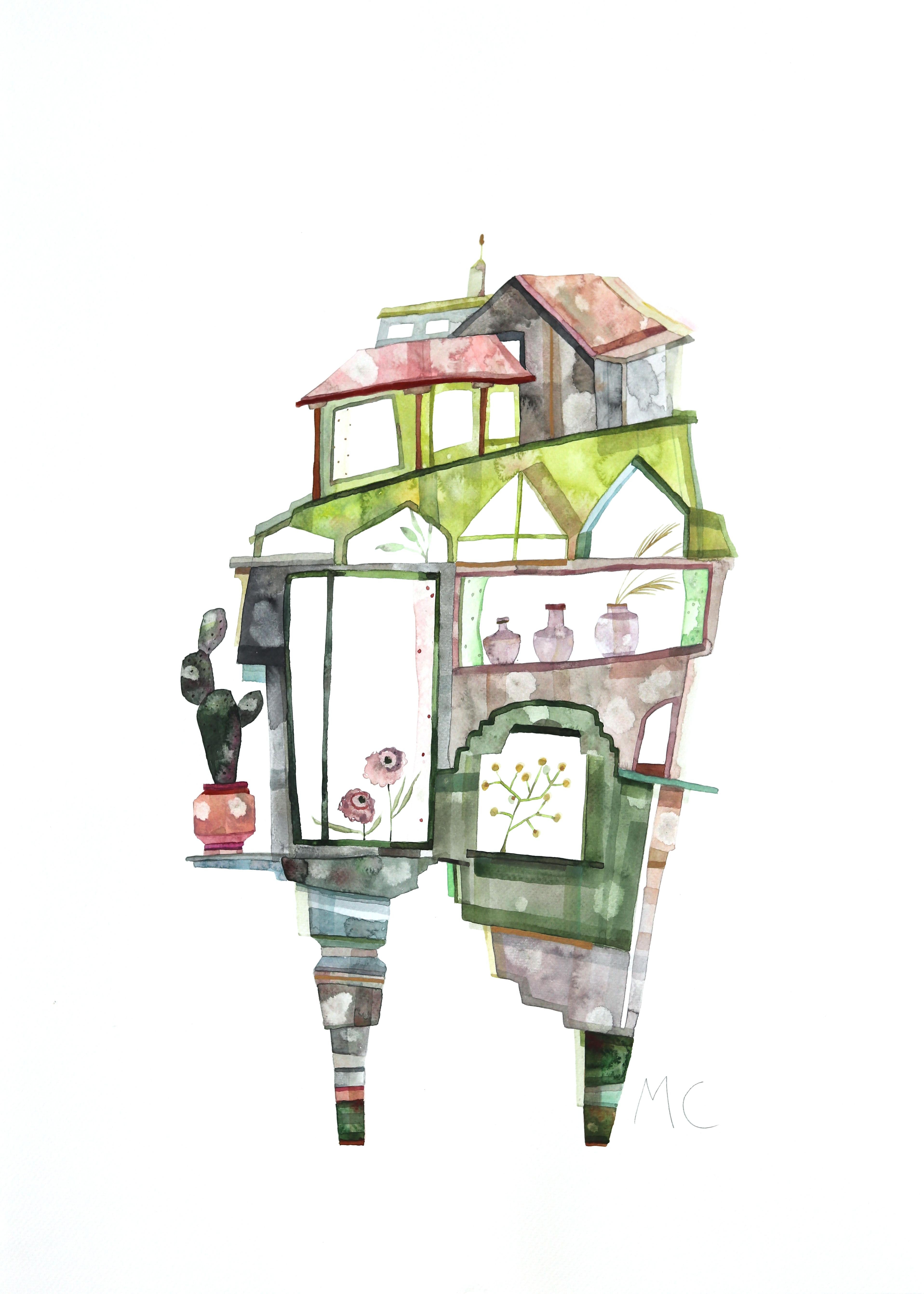 Melrose Green House - Abstract Architectural Watercolor Painting on Paper