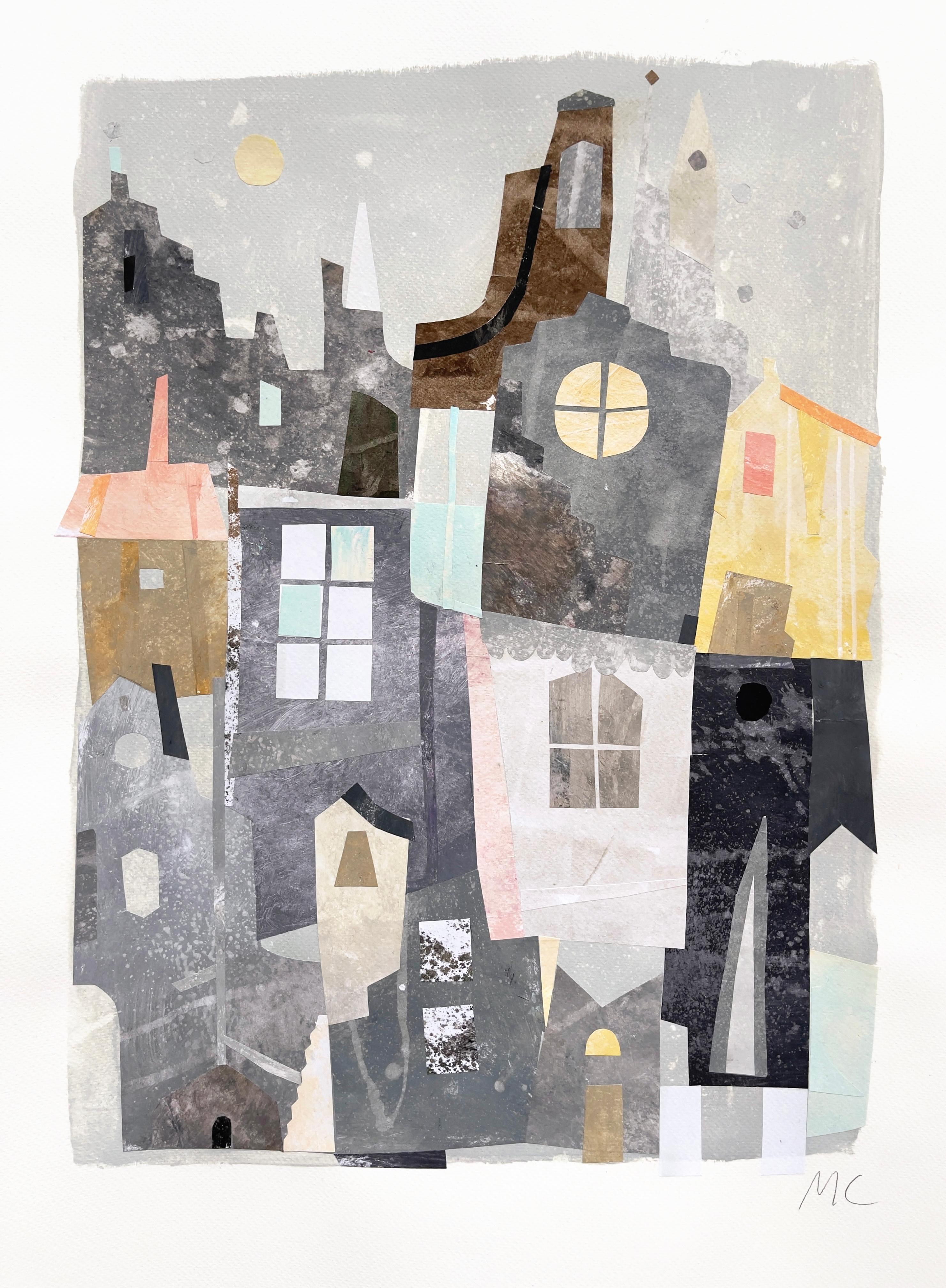 Meine Townes - Architektonisches Stillleben in Grautönen - Collage auf Papier