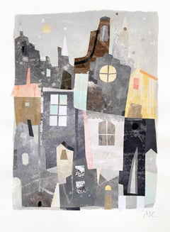 My Home Town - Architectural Grey Tone Still Life Mixed Media Collage on Paper