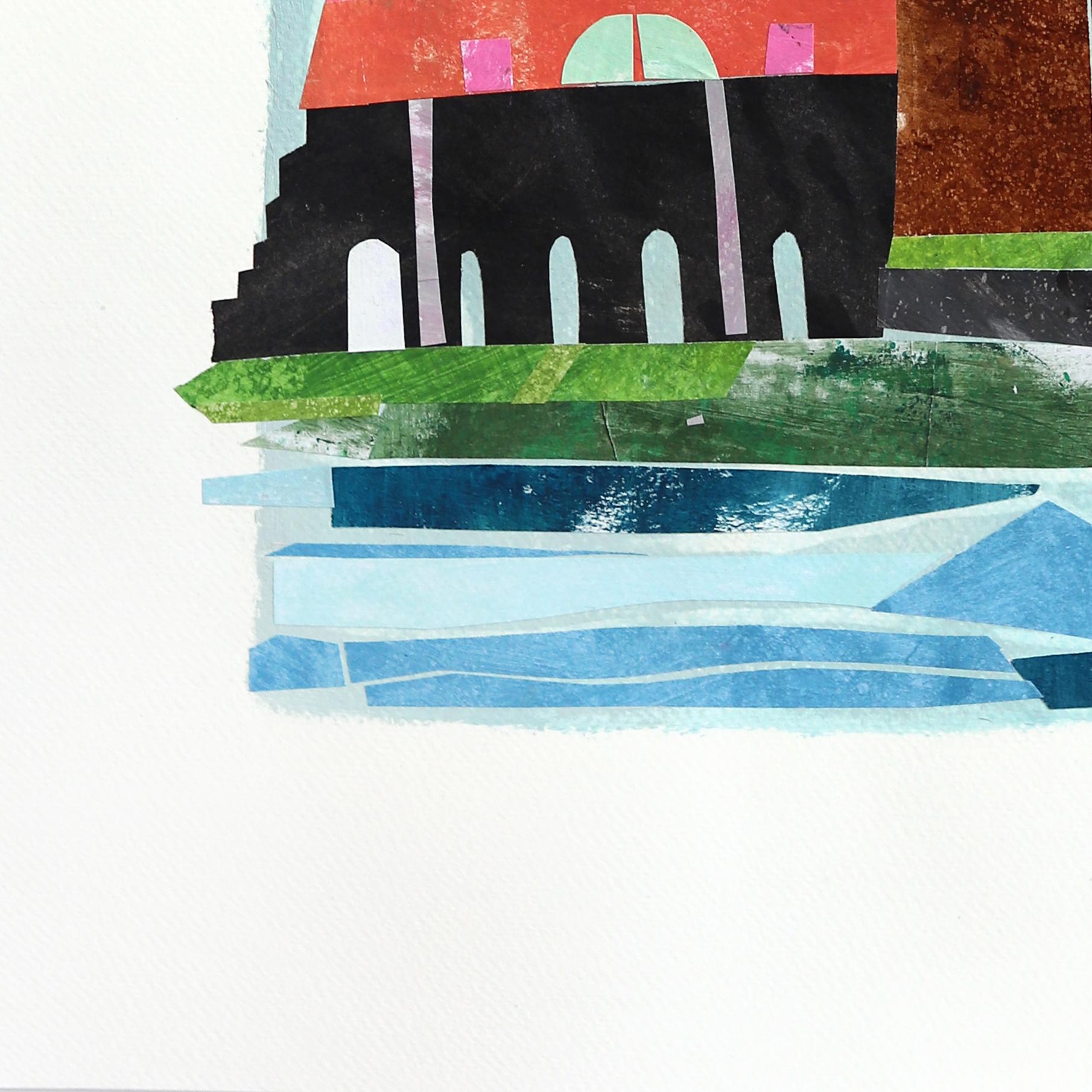 New York am Meer - Abstrakte bunte städtische Stillleben Collage Kunst auf Papier (Grau), Landscape Art, von Maria C. Bernhardsson