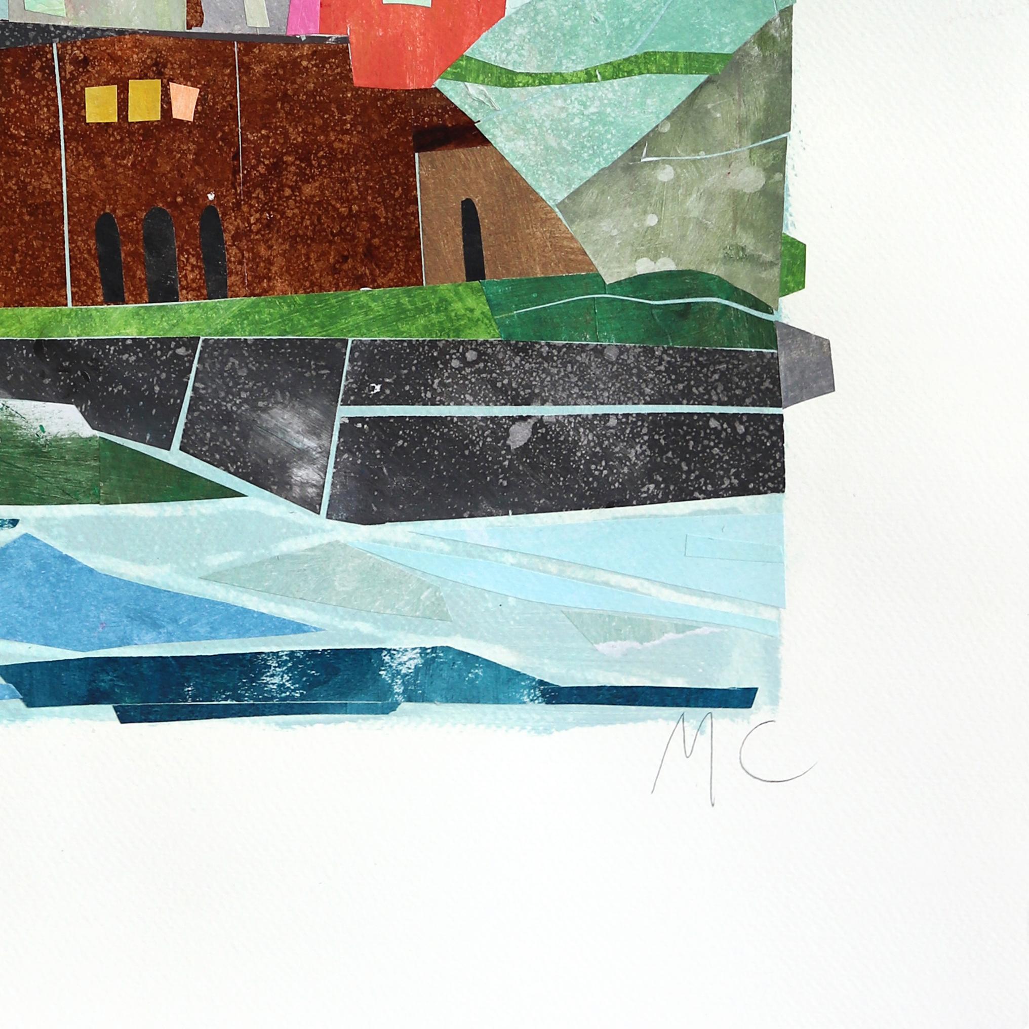 New York am Meer - Abstrakte bunte städtische Stillleben Collage Kunst auf Papier im Angebot 1