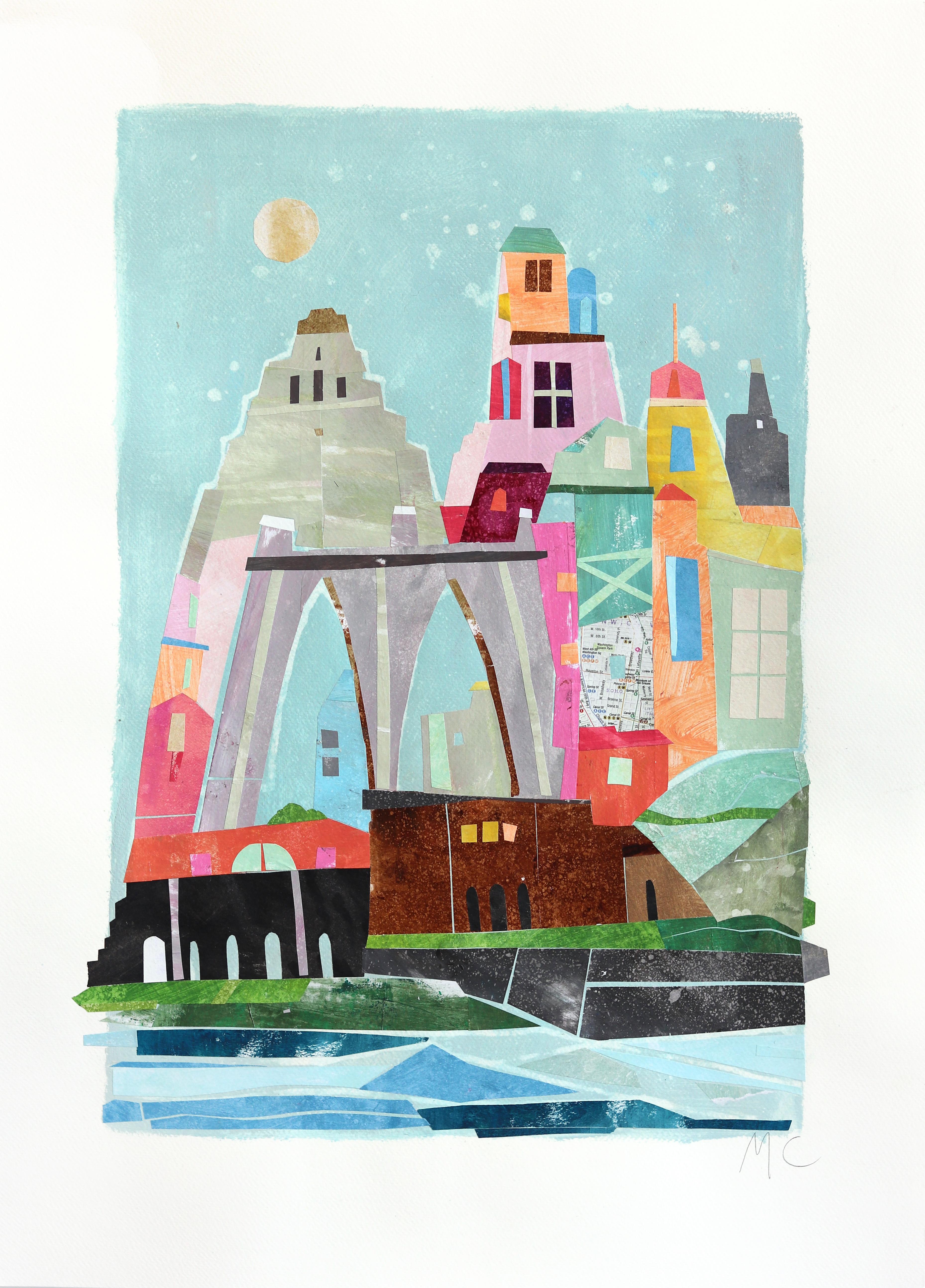 New York am Meer - Abstrakte bunte städtische Stillleben Collage Kunst auf Papier
