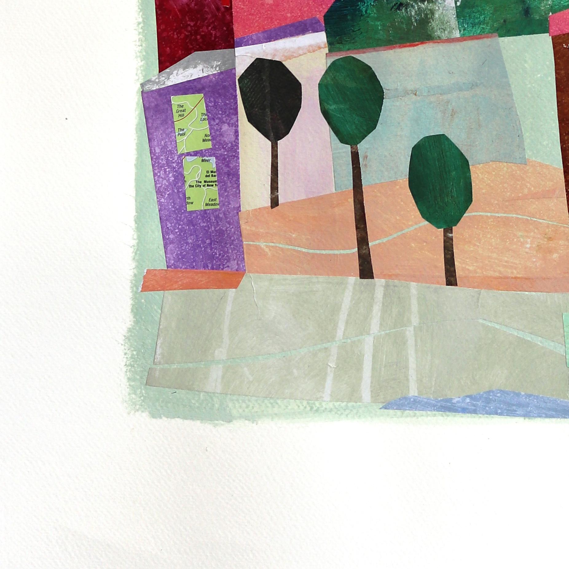 New York, Central Park - Abstrakte bunte städtische Stillleben Collage Kunst auf Papier (Grau), Landscape Art, von Maria C. Bernhardsson