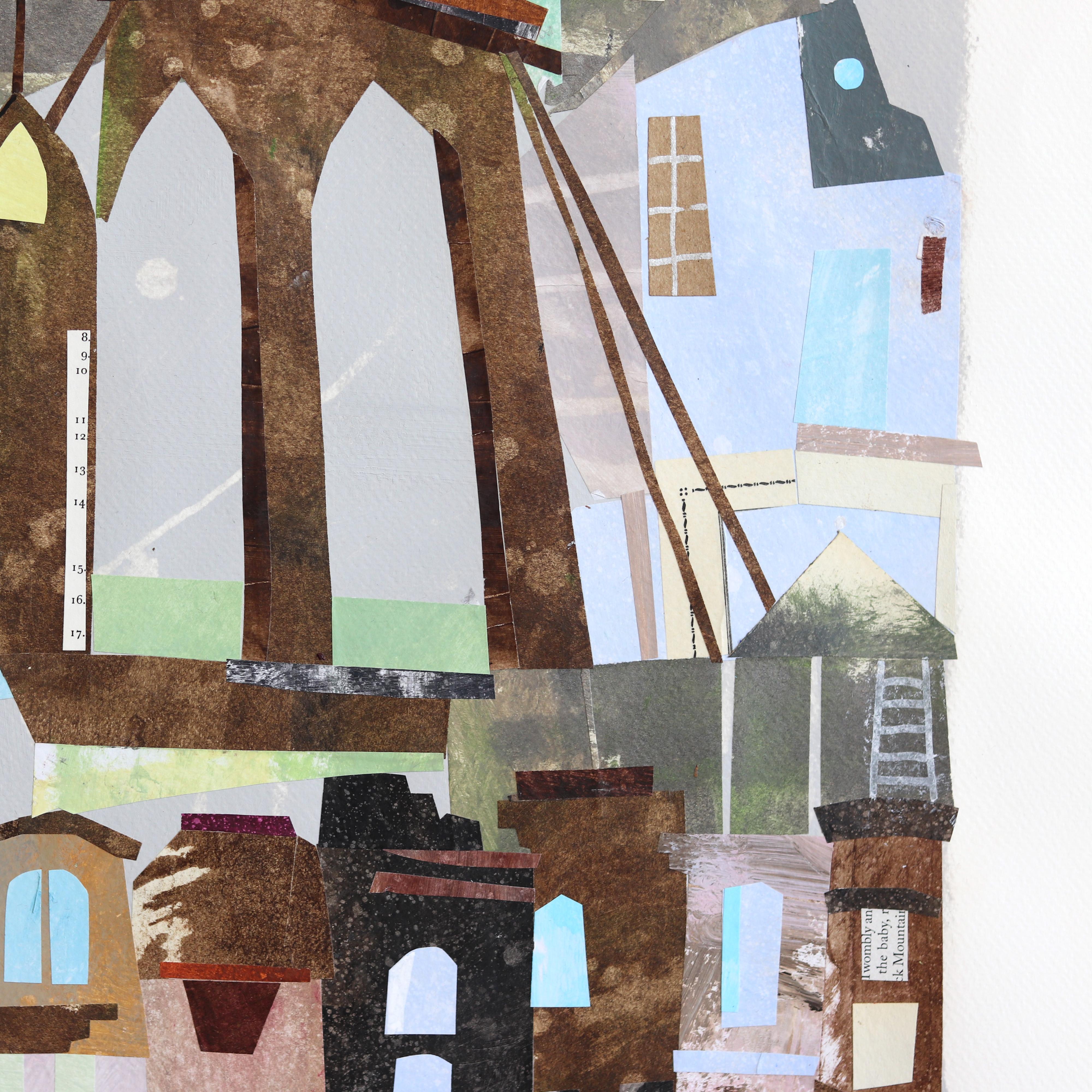 New York, The Bridge - Abstract Colorful Urban Still Life Collage Art on Paper - Surréalisme Mixed Media Art par Maria C. Bernhardsson