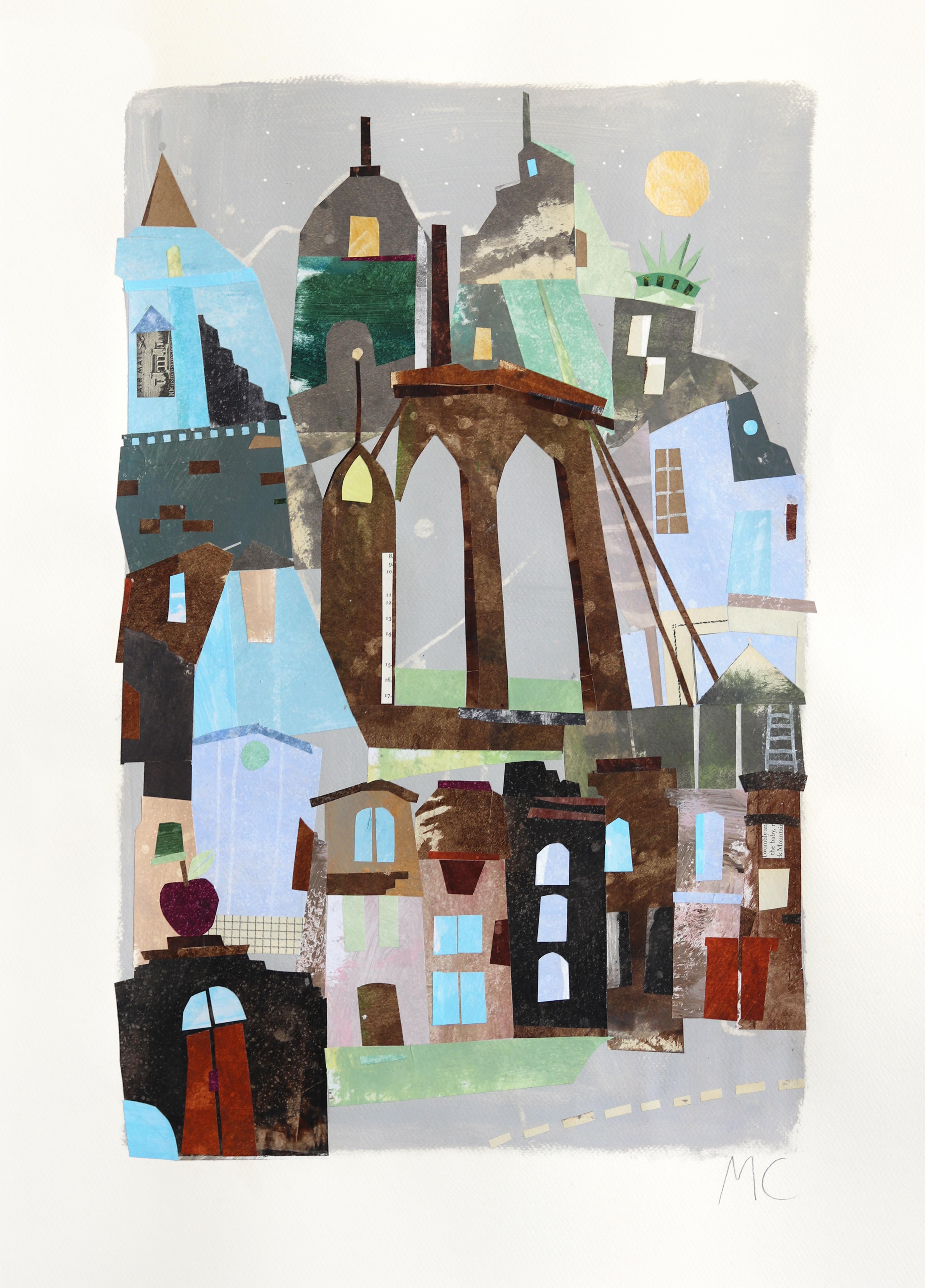 New York, The Bridge - Abstract Colorful Urban Still Life Collage Art on Paper