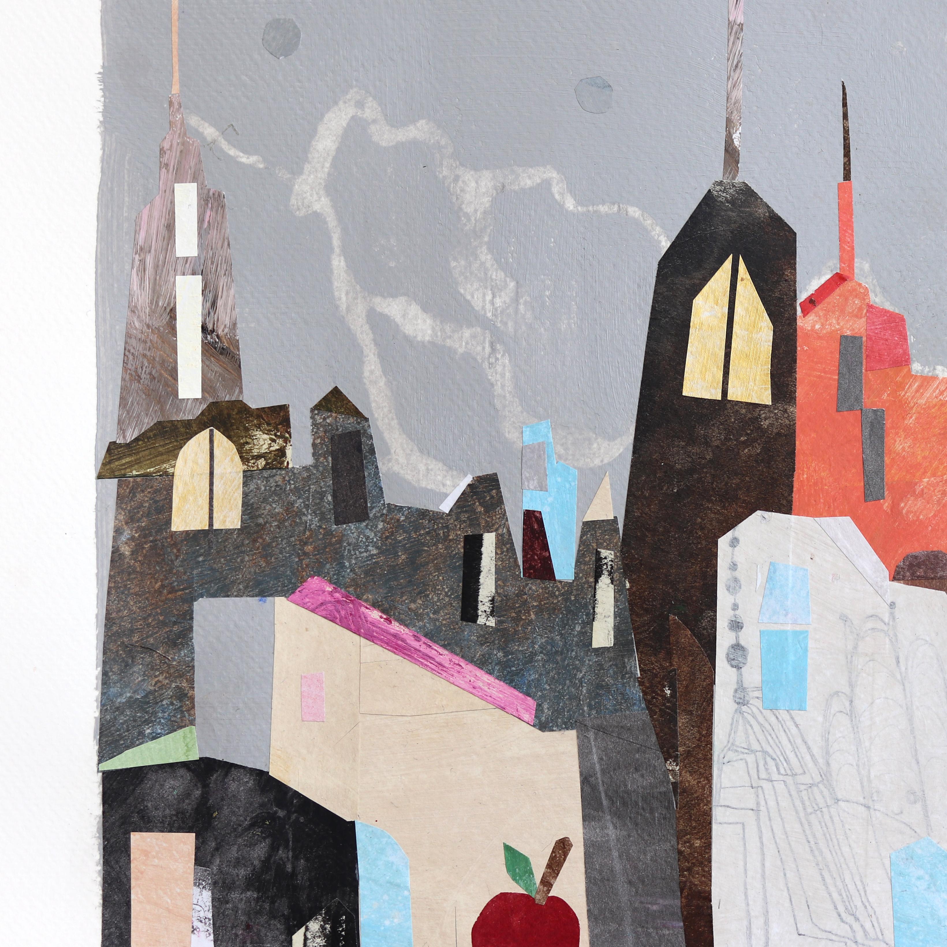 New York, The Harbour - Abstract Colorful Urban Still Life Collage Art on Paper - Surrealist Mixed Media Art by Maria C. Bernhardsson