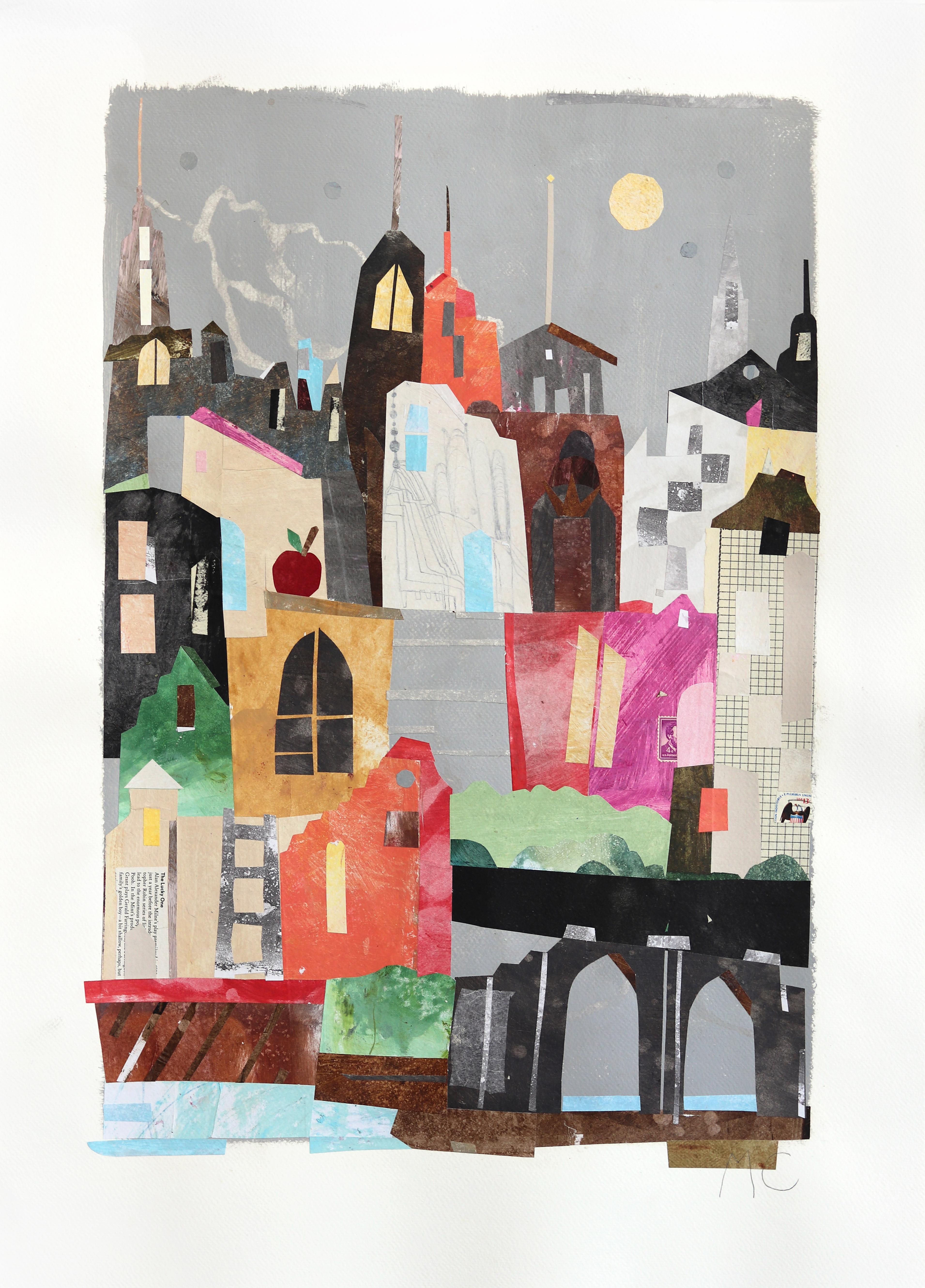 New York, The Harbour - Abstract Colorful Urban Still Life Collage Art on Paper