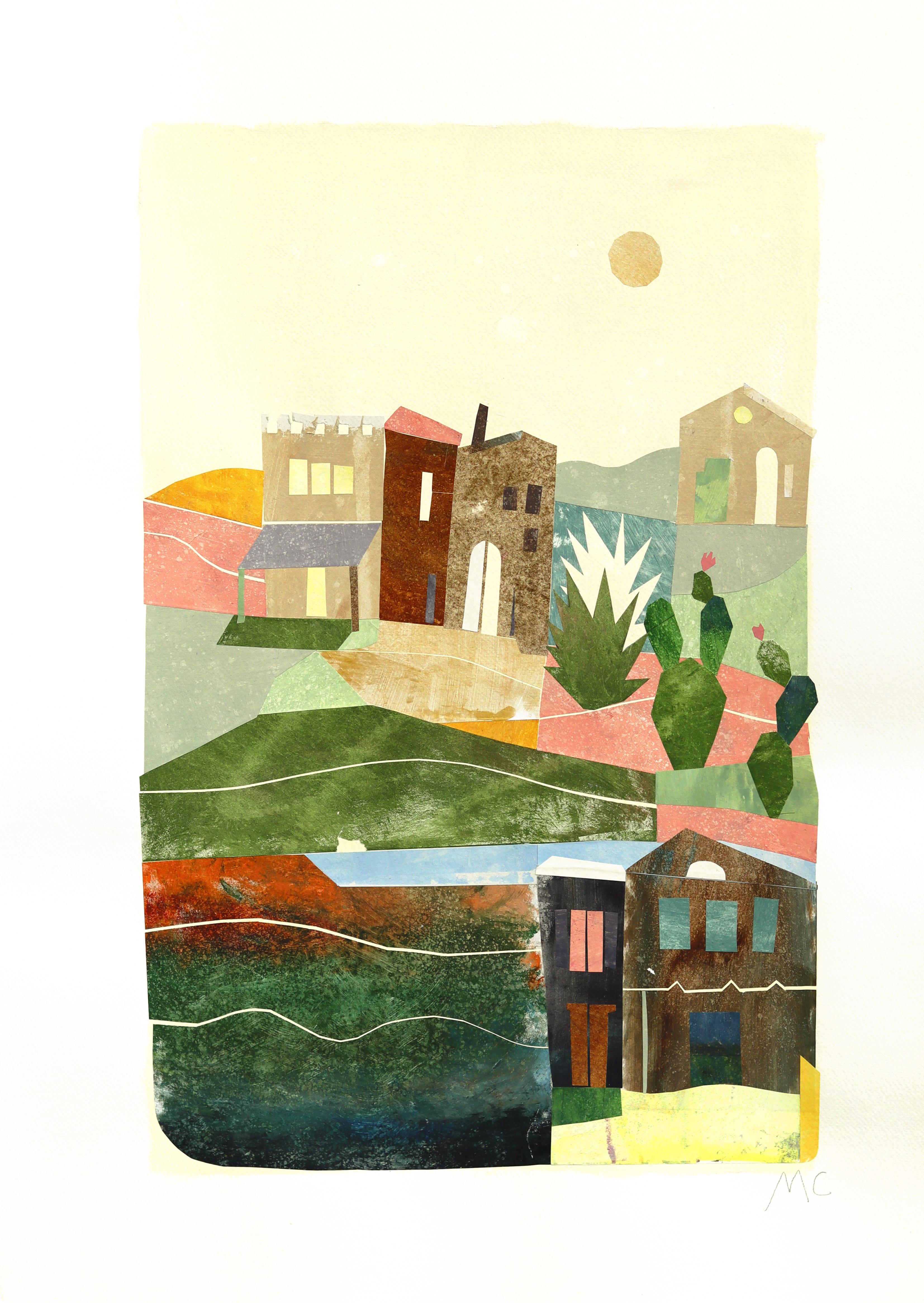 Prairie Stories - Architectural Colorful Still Life Mixed Media Collage on Paper