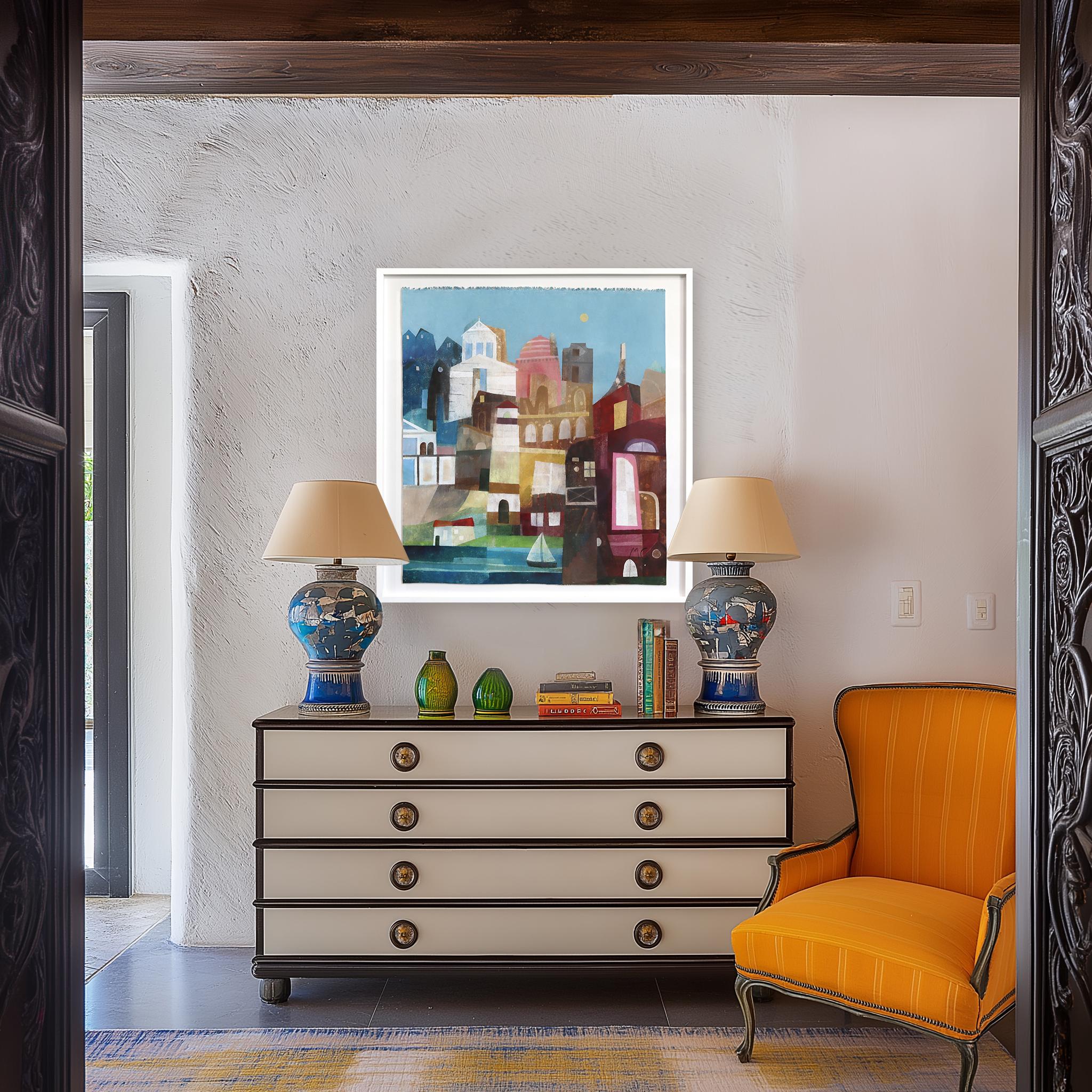 Sailing Through The Day - Abstract Colorful Urban Collage Mixed Media Artwork For Sale 1