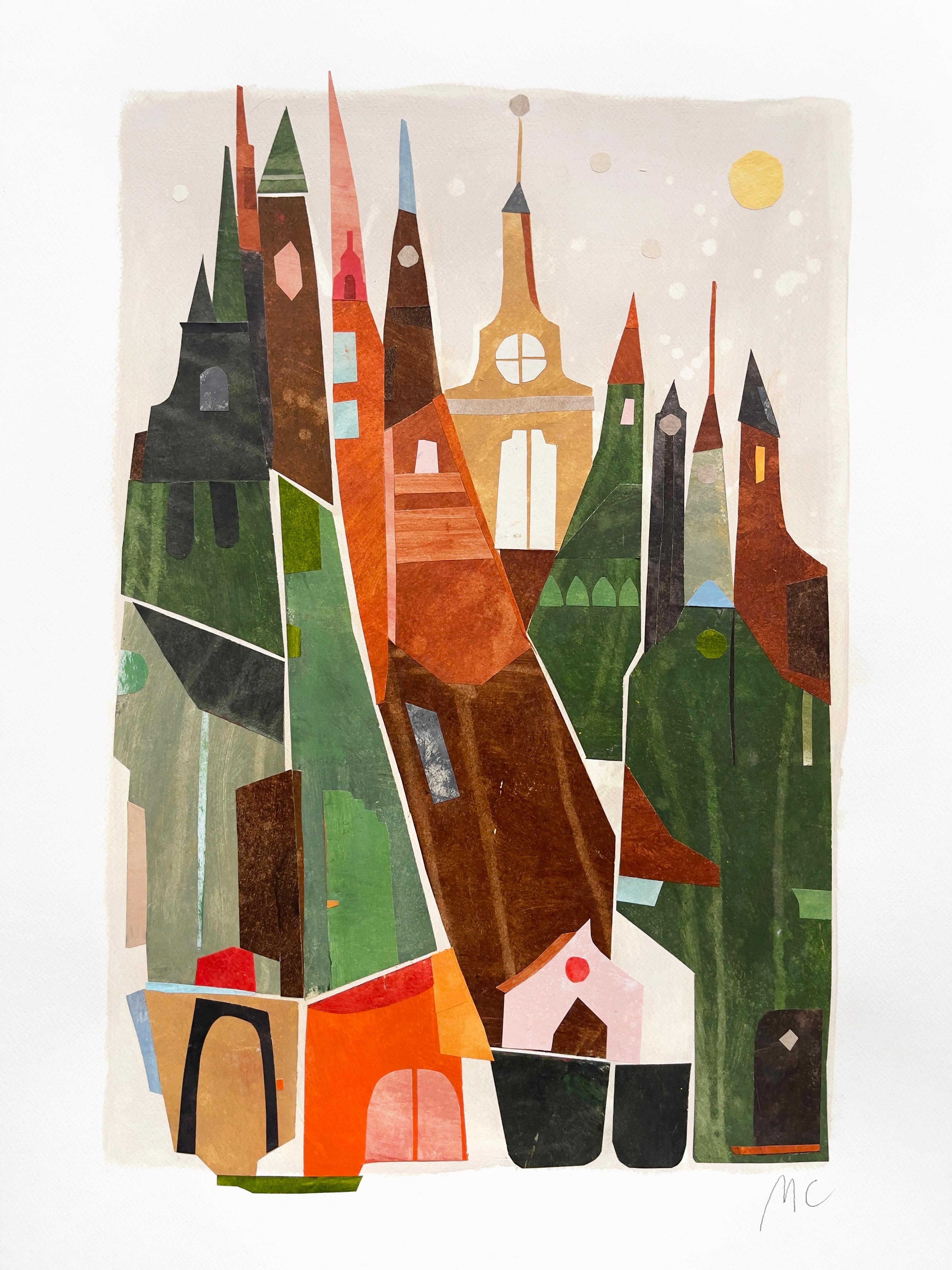 Skyscrapers - Architectural Colorful Still Life Mixed Media Collage on Paper