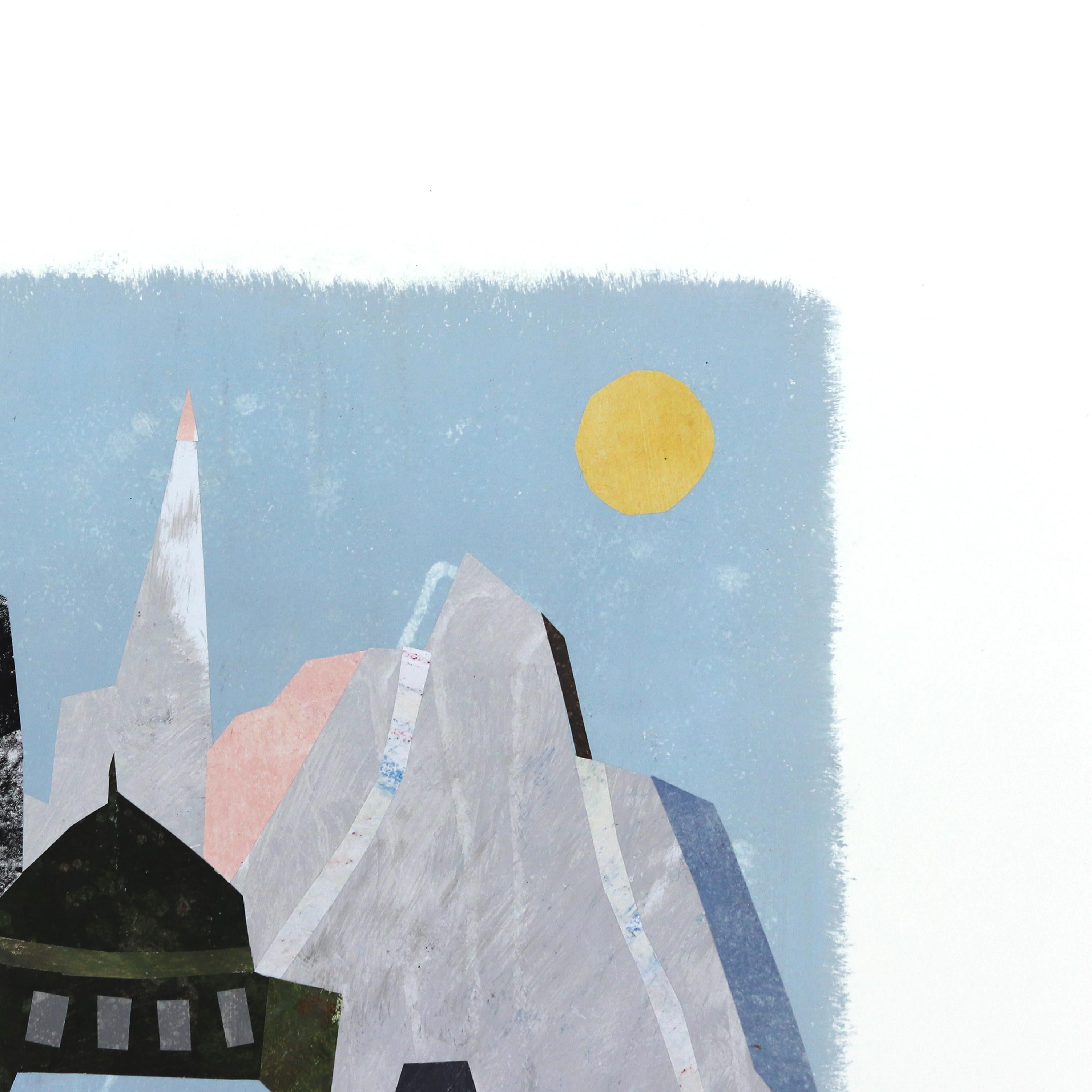 Sunrise - Original Cool Tone Abstract Urban Still Life Collage Artwork on Paper For Sale 1