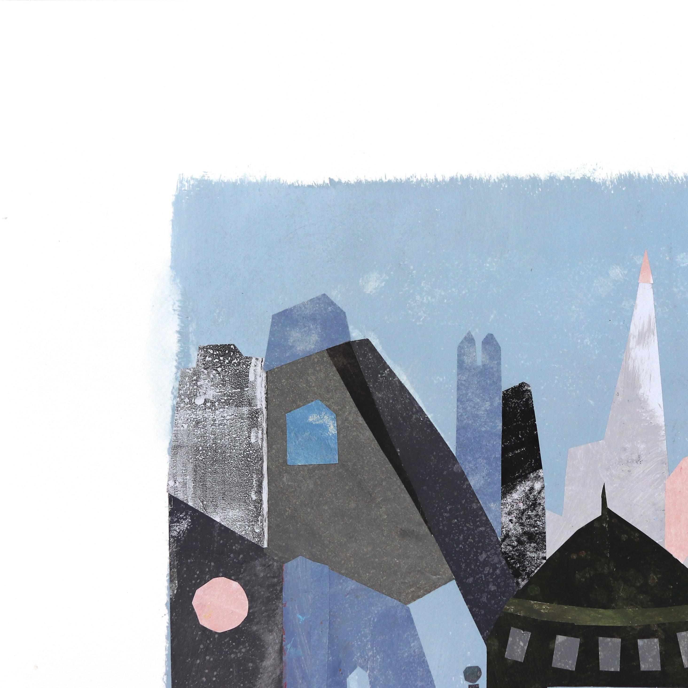 Sunrise - Original Cool Tone Abstract Urban Still Life Collage Artwork on Paper For Sale 2