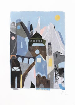 Sunrise - Original Cool Tone Abstract Urban Still Life Collage Artwork on Paper