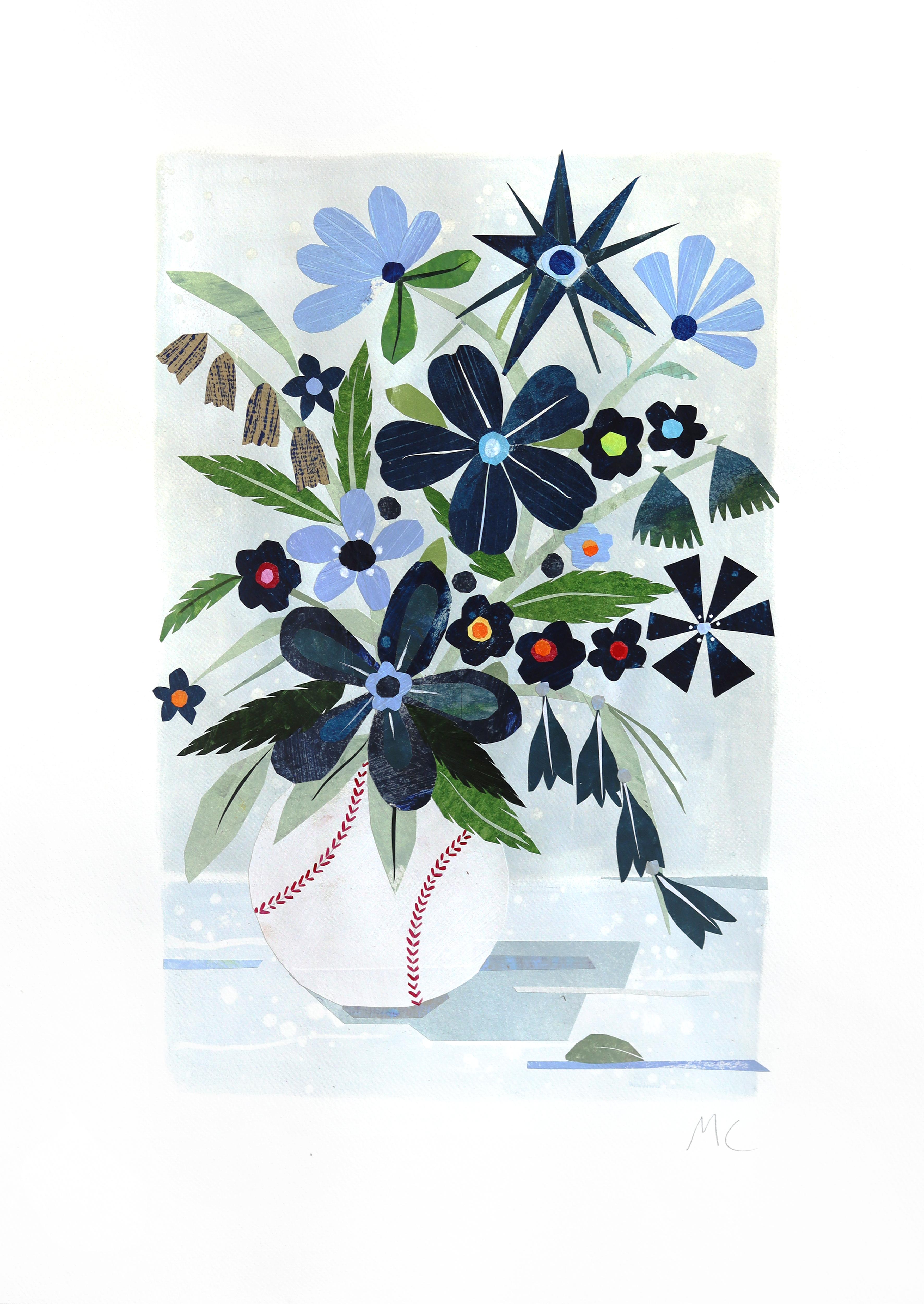 Maria C. Bernhardsson Still-Life Painting - The Baseball Bouquet, Dodgers - Still Life Collage Mixed Media Artwork on Paper