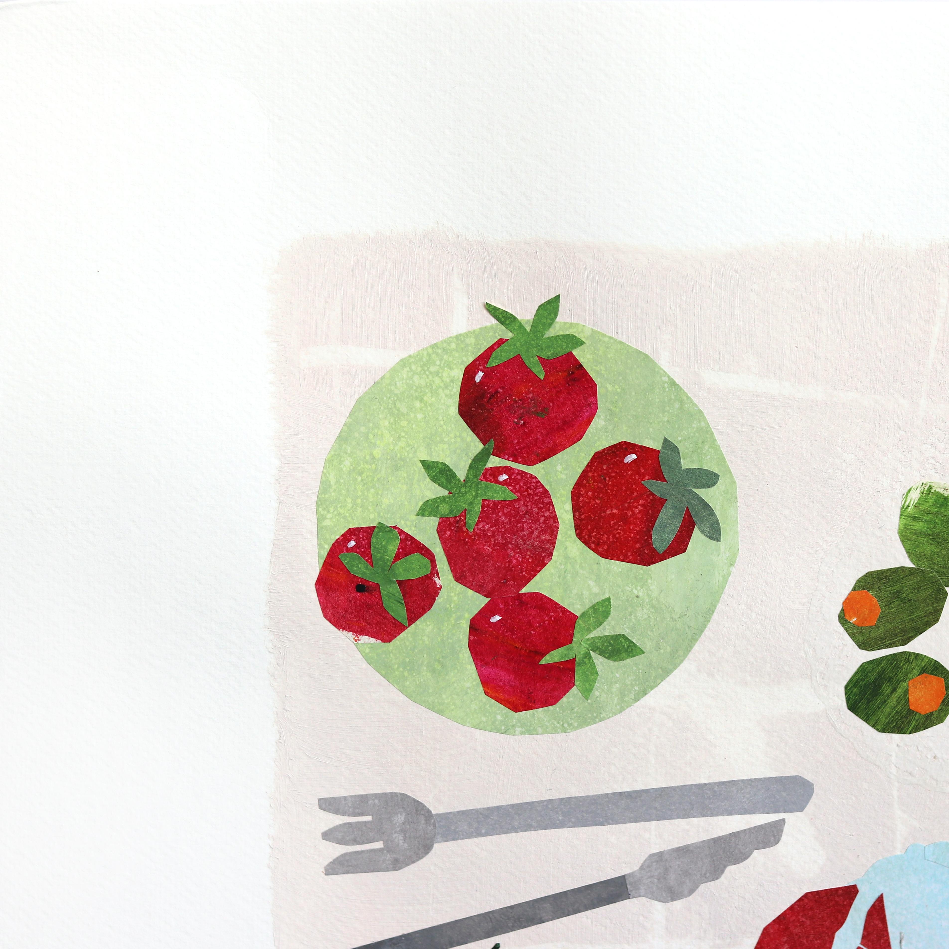 The Lobster Party 2 - Seafood Still Life Collage Mixed Media Artwork on Paper - Painting de Maria C. Bernhardsson