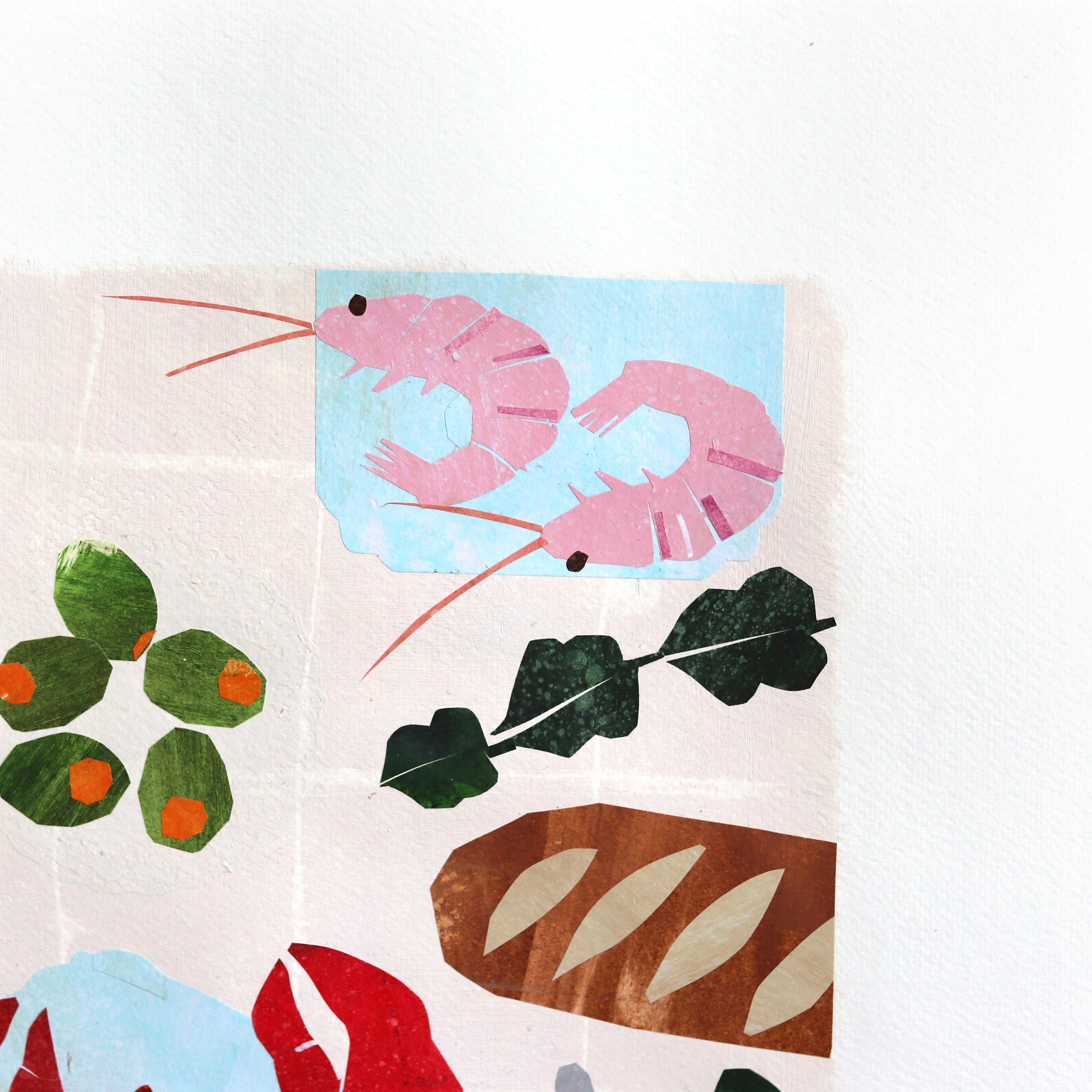 The Lobster Party 2 - Seafood Still Life Collage Mixed Media Artwork on Paper - Surréalisme Painting par Maria C. Bernhardsson