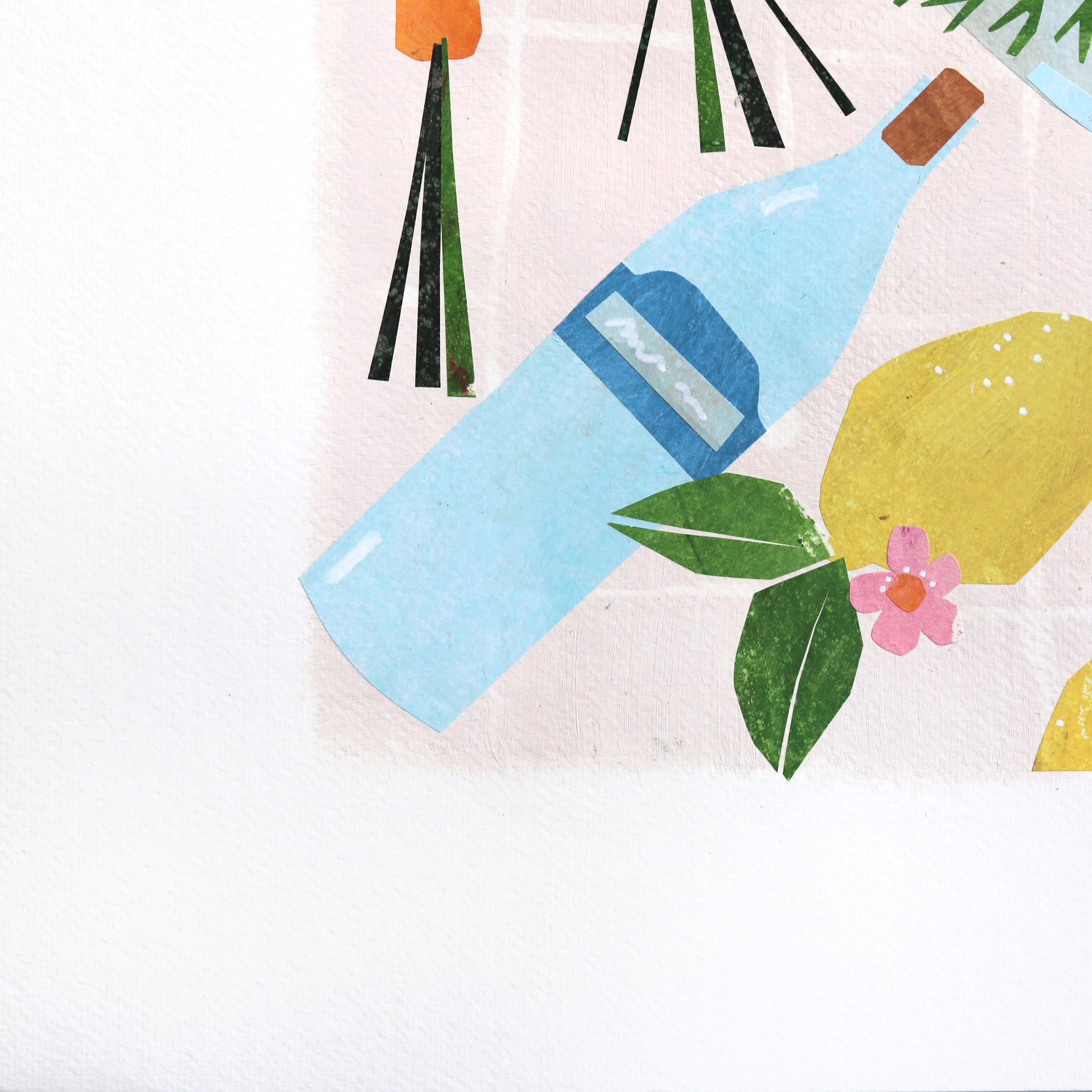 The Lobster Party 2 - Seafood Still Life Collage Mixed Media Artwork on Paper - Beige Still-Life Painting par Maria C. Bernhardsson